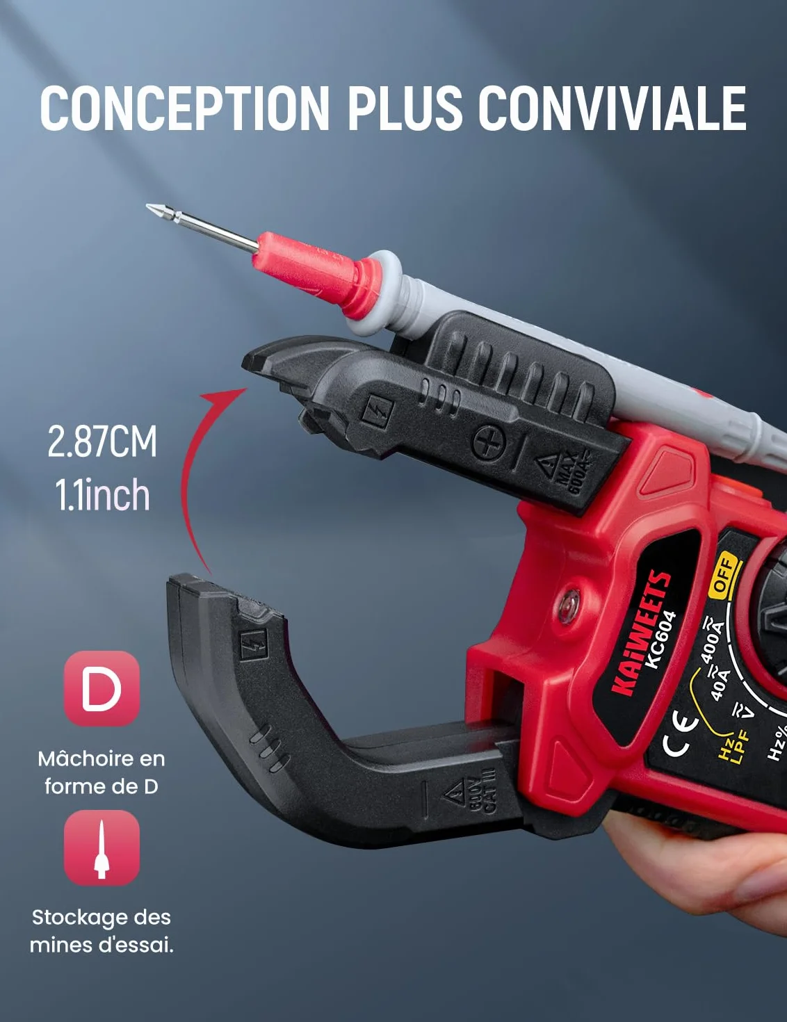 KAIWEETS Pince Ampèremètre AC/DC, Pince Multimètre Mesurer la Tension AC/DC/Courant/Température/Continuité/Diode/NCV, Pince Ampèremétrique avec Lampe de Poche, Rétro-éclairage, Mâchoire-D, KC604