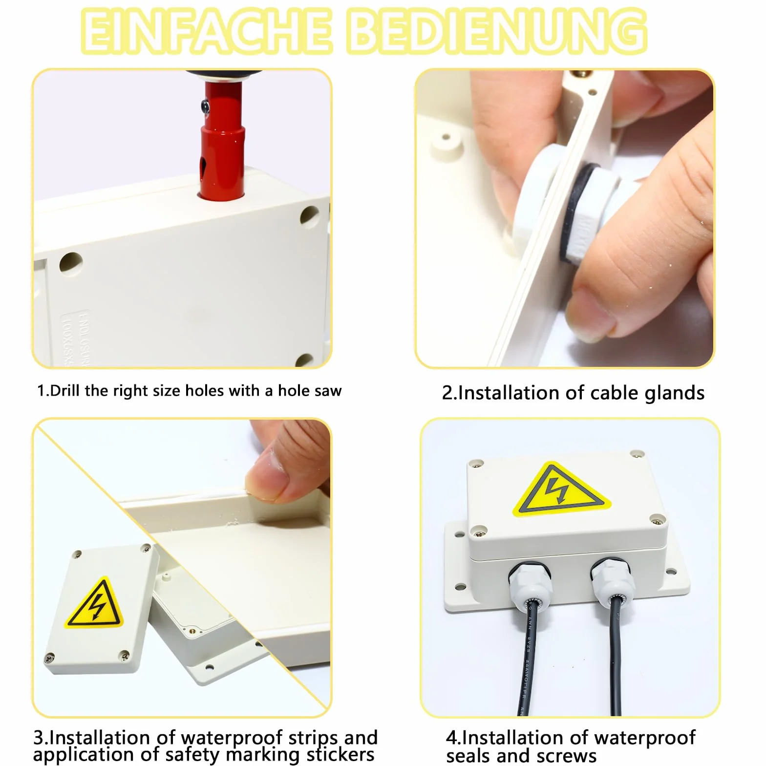 4 boîtes de jonction, IP67 Boîte de dérivation blanche étanche, Boîte de distribution apparente, boîtier électronique avec 16 presse-étoupes, plaques de sécurité, scie cloche 16 mm, tournevis