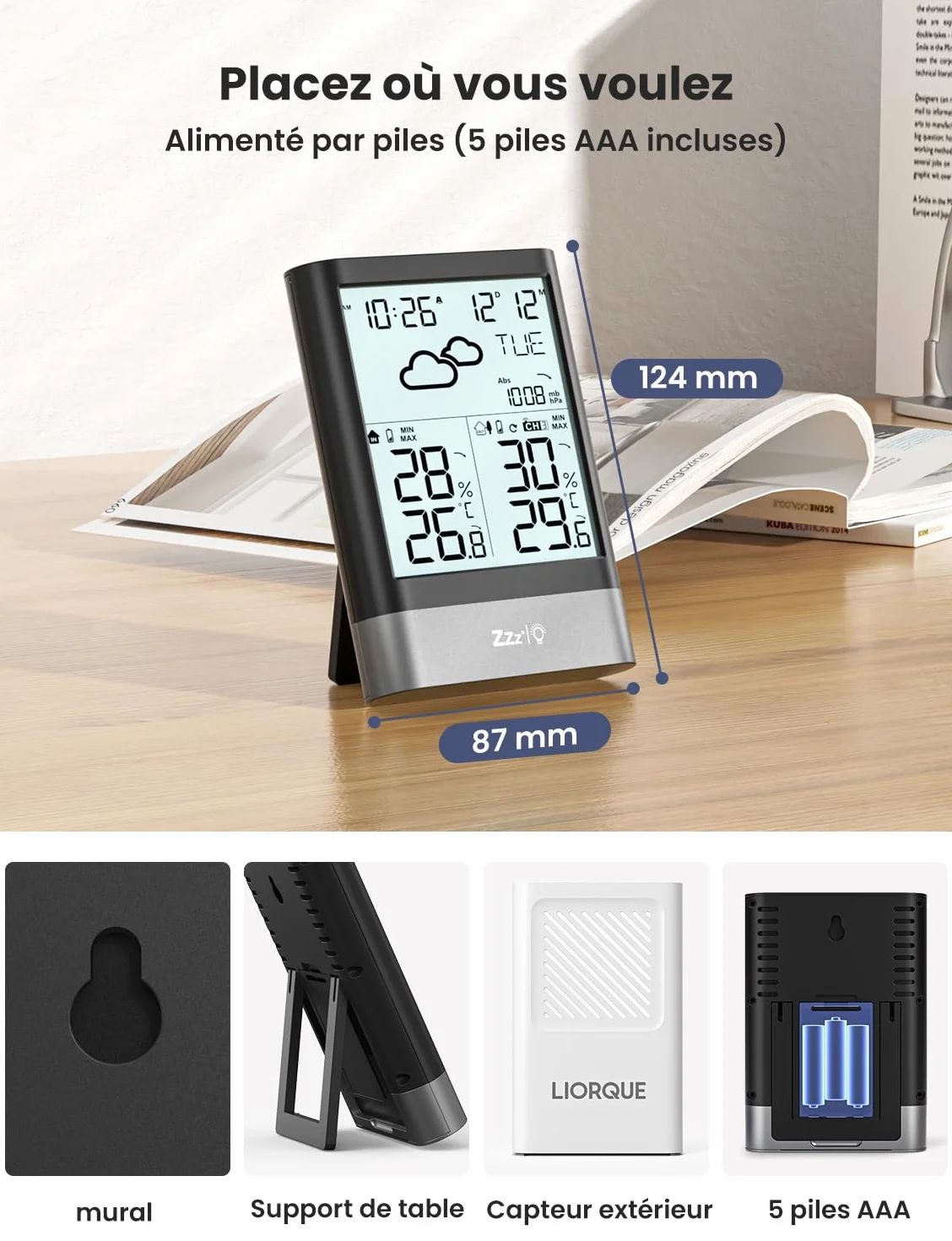 LIORQUE Station Météo Sans Fil avec Capteur Thermomètre Hygromètre Baromètre Extérieure LCD Horloge Alarme Snooze