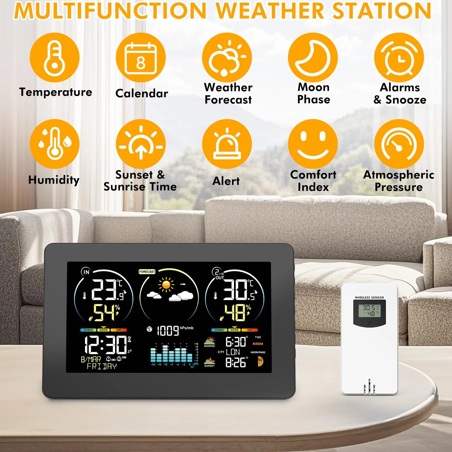 Station Météo avec Capteur Extérieur, Thermomètre Numérique Sans Fil, Affichage Couleur, Contrôle Température Humidité, Prévisions Rétroéclairage