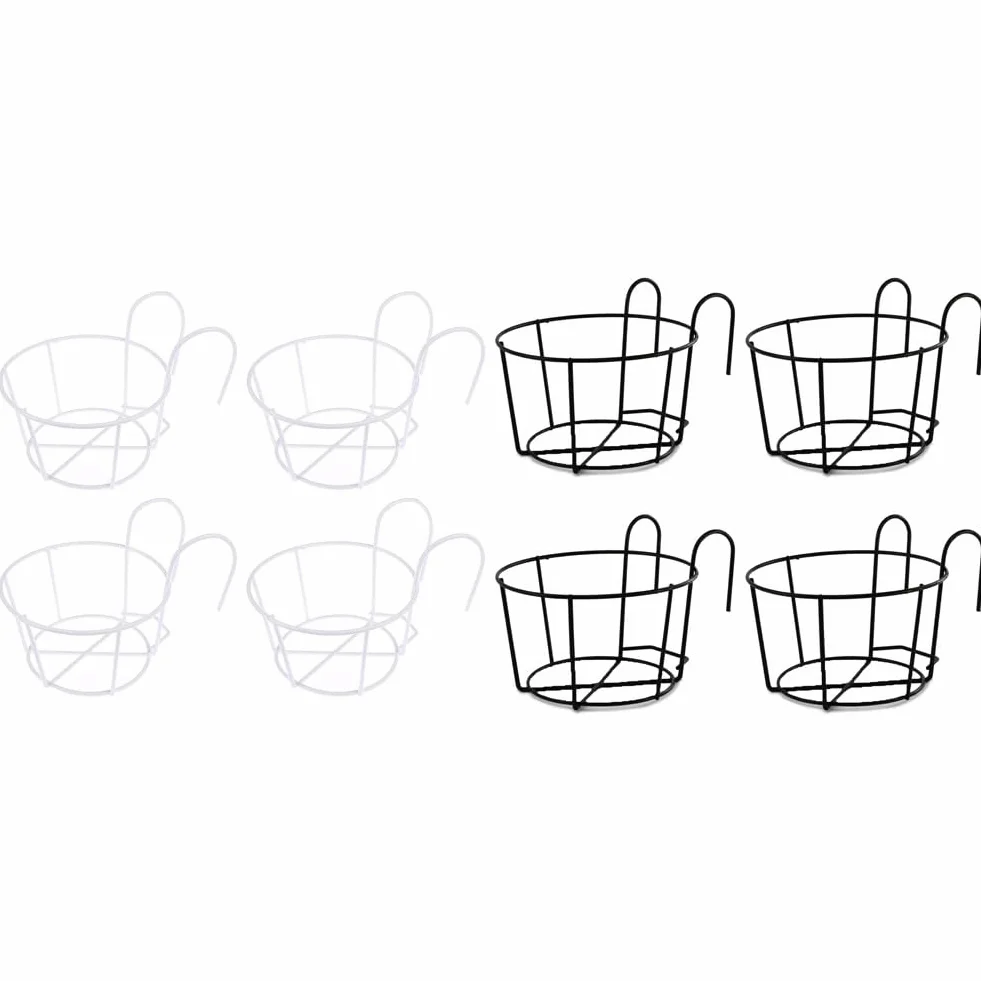 Lot de 4 supports de fleurs ronds en fer avec crochet de clôture, noir et blanc