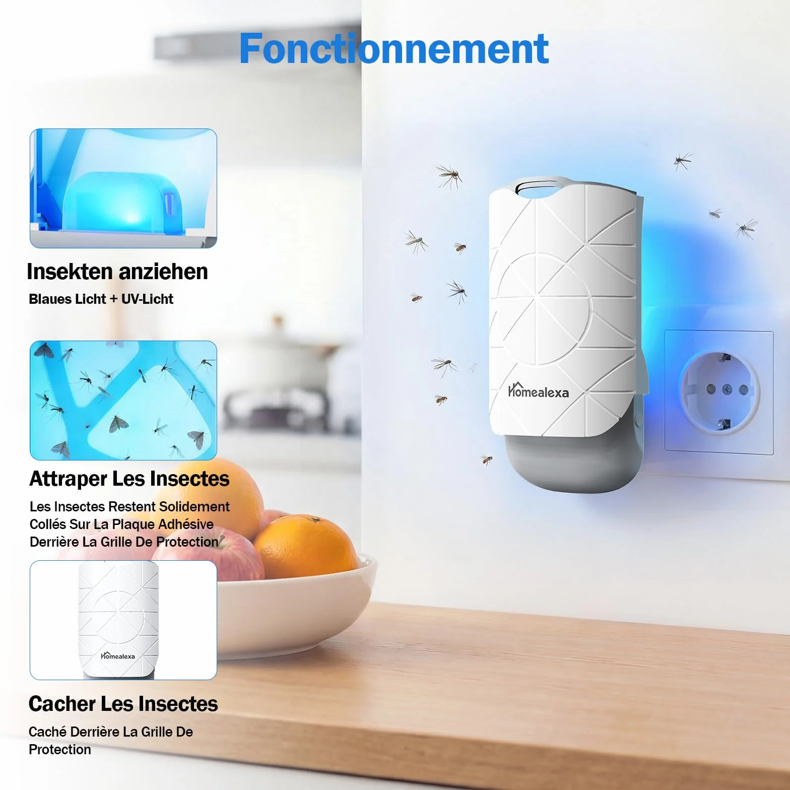 Homealexa Piège à Moucherons Intérieur LED UV Électrique, Anti Moucherons, Prise Rotative 180°, avec 6 Cartes Adhésives