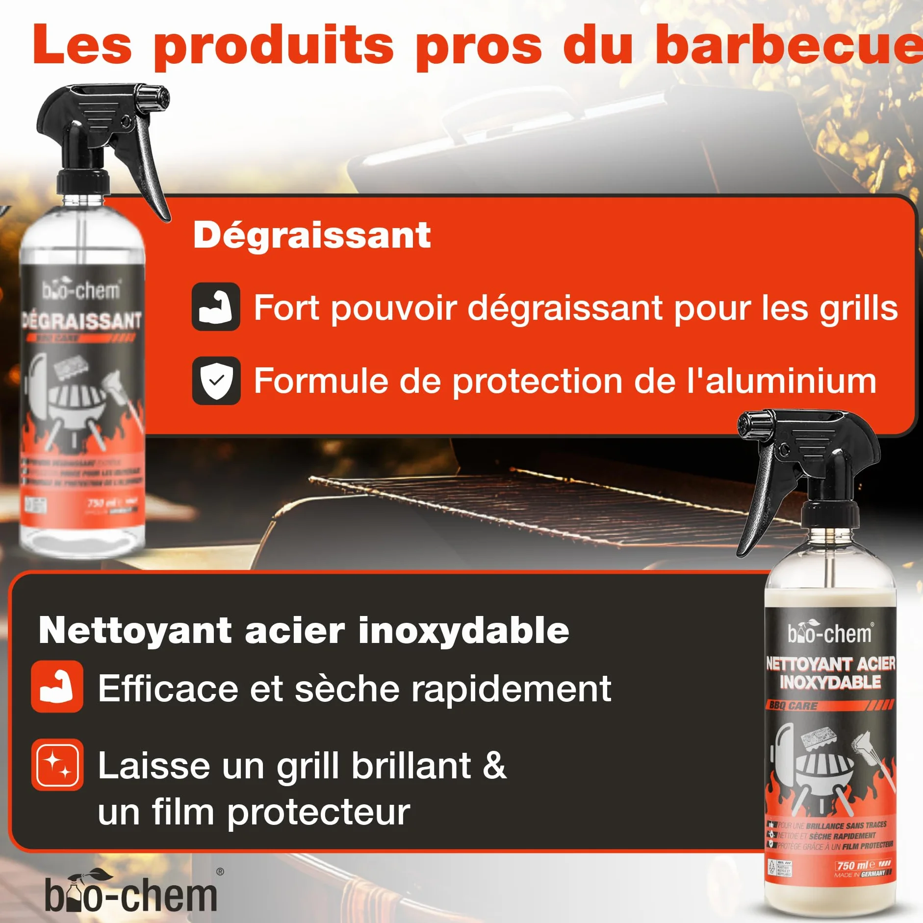 Kit nettoyage barbecue 9 pcs - Décapant résine 0,5L - Nettoyant surfaces bbq 750ml - Produit entretien acier inox 750ml - Spray d’huile 200ml