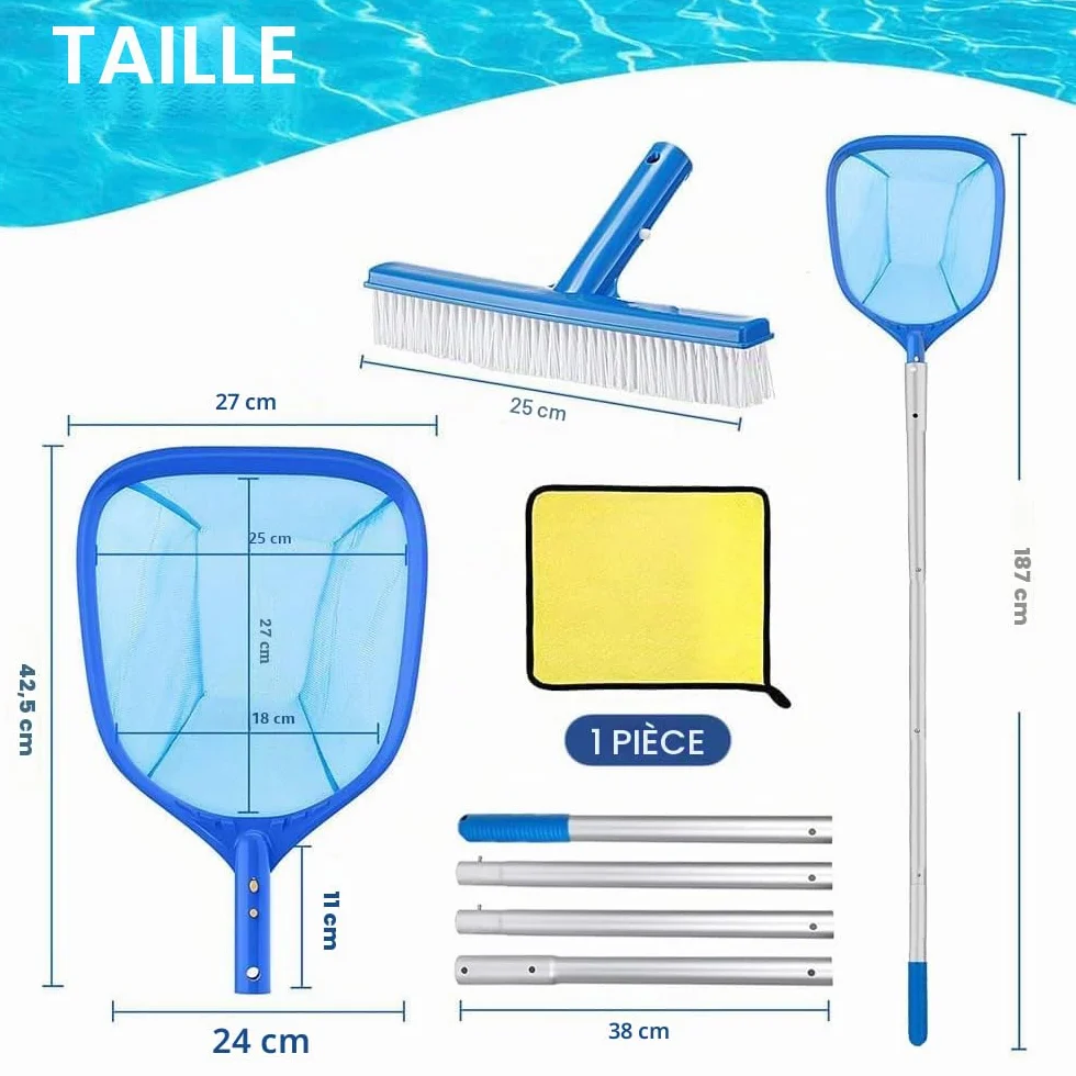 Epuisette Piscine avec Manche Telescopique 187cm, Maille Extra Fine, Brosse Piscine, Kit Nettoyage