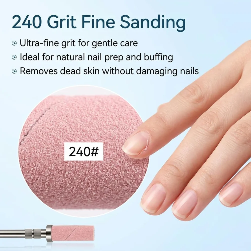 100 Pcs Embout Ponceuse Ongles Grain 240 Rose avec 2 Mandrins, Embout Emeri Professionnel pour Manucure Pédicure, Bandes de Ponçage pour Nail Prep et Finition, Compatible avec Ponceuse Ongles Standard