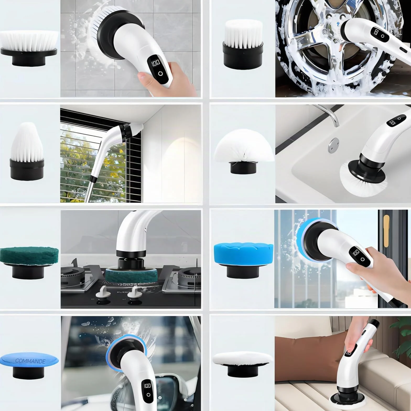 Brosse à récurer électrique, Brosse de Nettoyage sans Fil avec 8 têtes, Manche Long télescopique, Brosse nettoyante Rechargeable, Charge USB-C, pour Sol,Salle de Bain, Cuisine, Douche et Baignoire