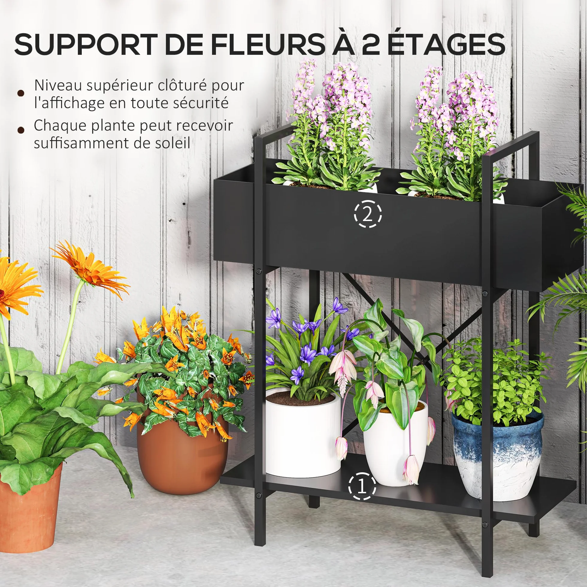 Outsunny Support plantes interieur 2 niveaux, porte plante en métal avec trous de drainage, noir