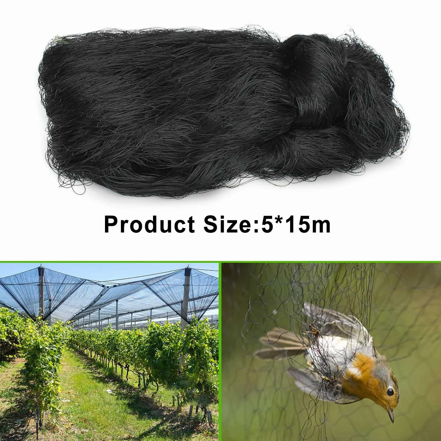 Filet Protection Oiseaux 5 x 15m Anti Pigeon Réutilisable pour Volière Poulailler