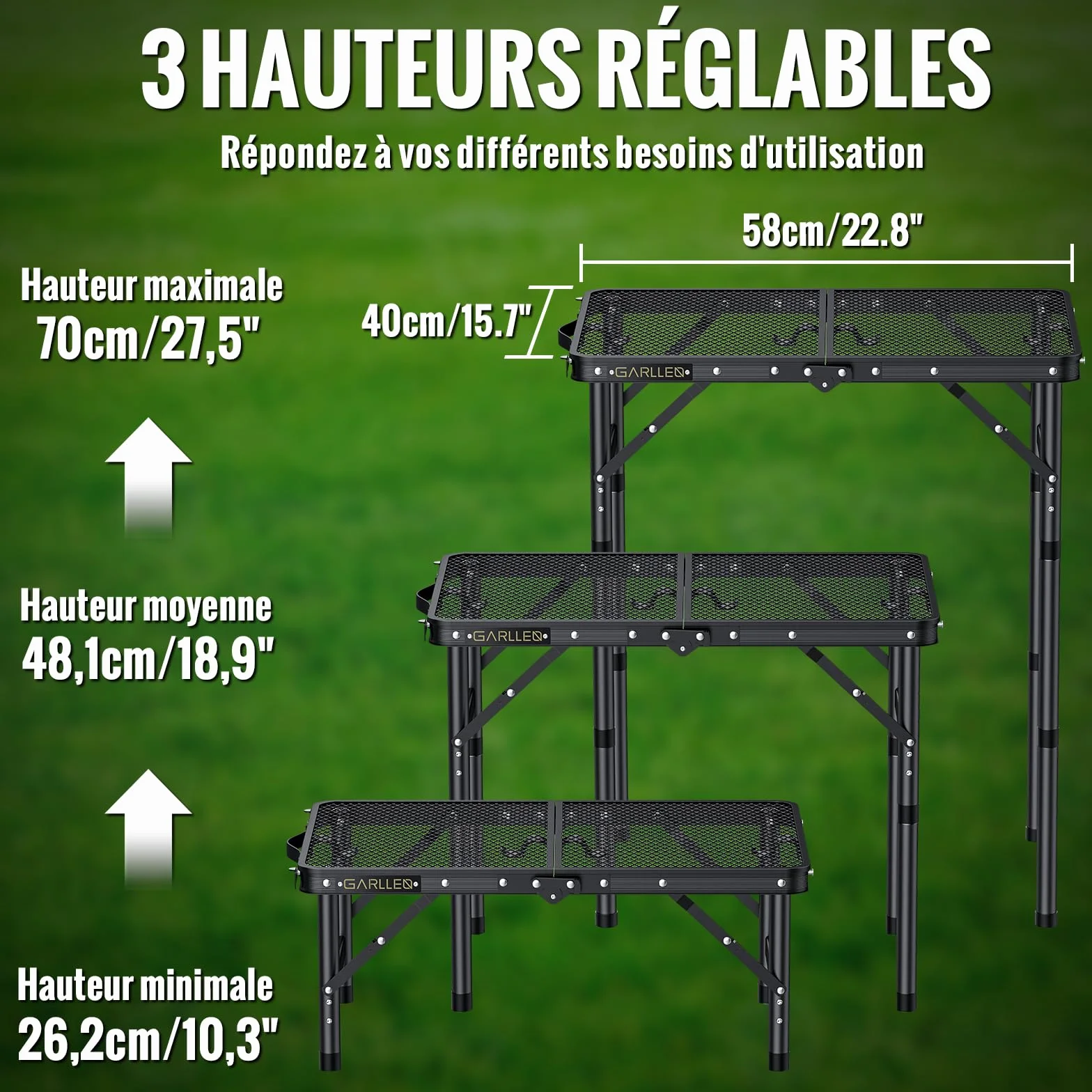 GARLLRN Table de Barbecue Pliante 0,6m 3 Hauteurs Réglables 26/48/70cm Camping Légère Maille Résistante à la Chaleur