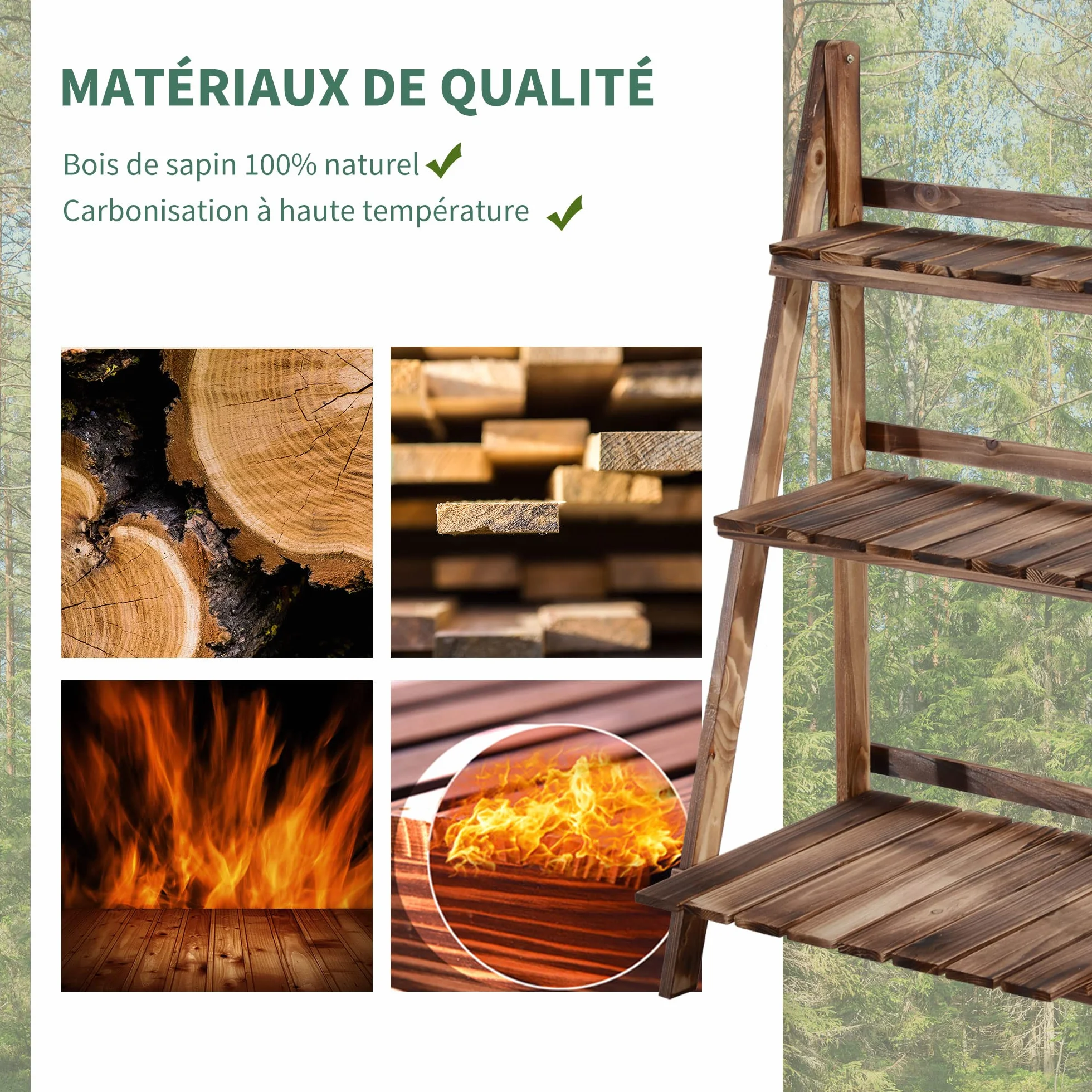 Outsunny Étagère à Fleurs 3 Niveaux Pliable Bois de Sapin 60 x 37 x 93 Cm Charge 50 Kg