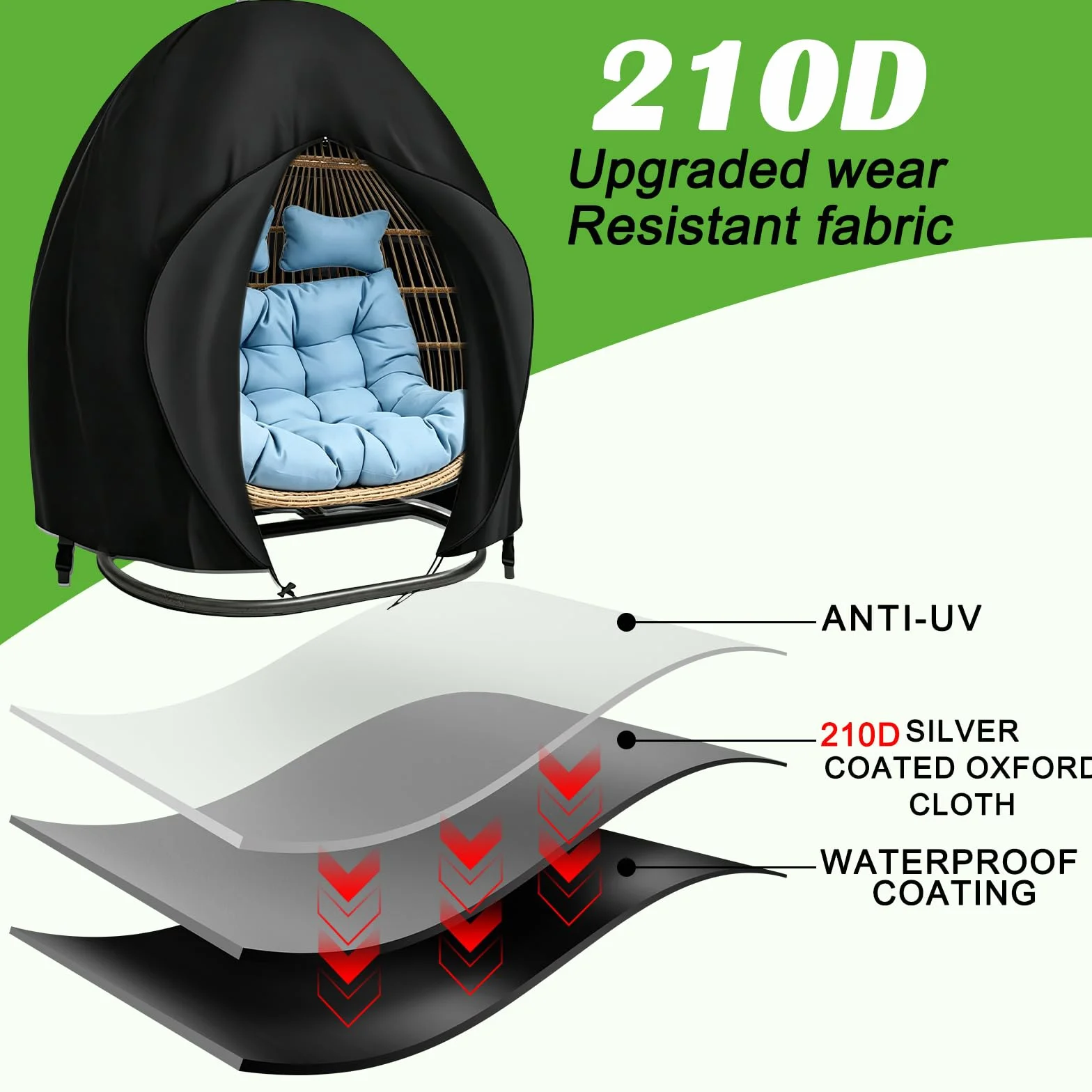 Housse de protection pour fauteuil suspendu 200 x 230 cm, imperméable, noire