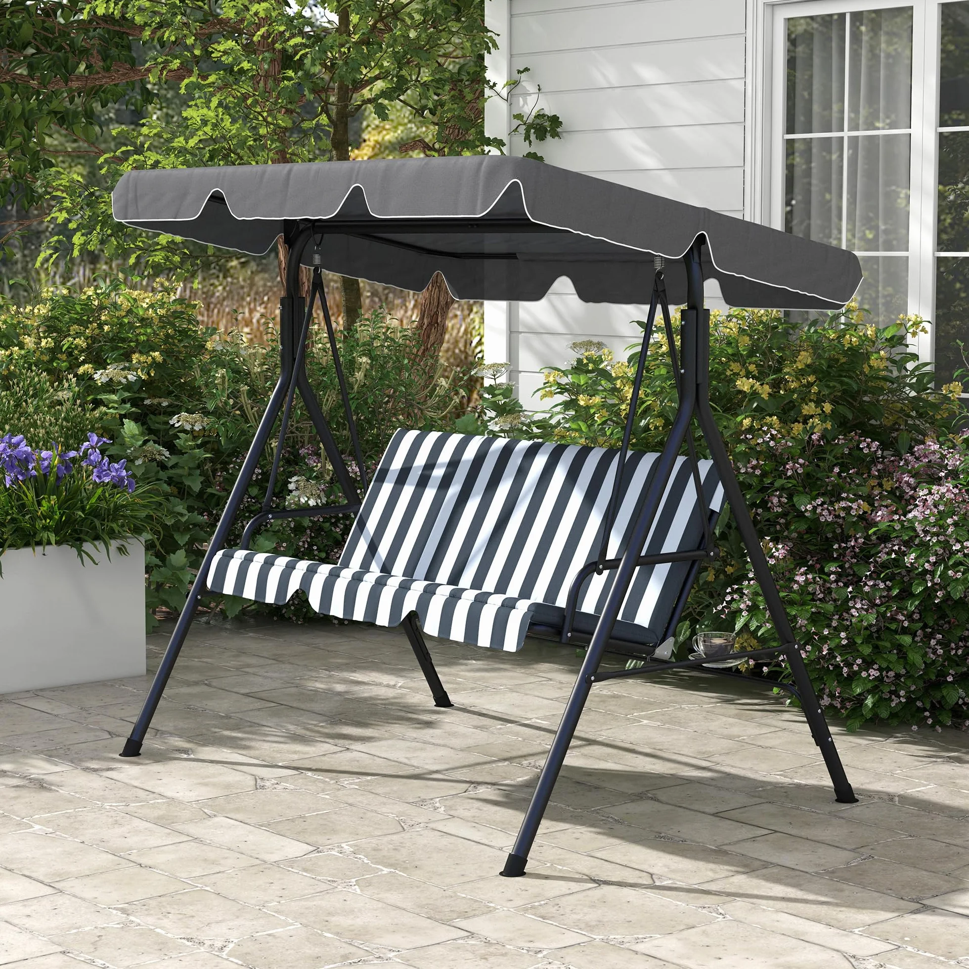 Outsunny Balancelle de Jardin 3 Places Toit Inclinaison réglable 1,72L x 1,1l x 1,53H m Acier Noir Polyester Gris