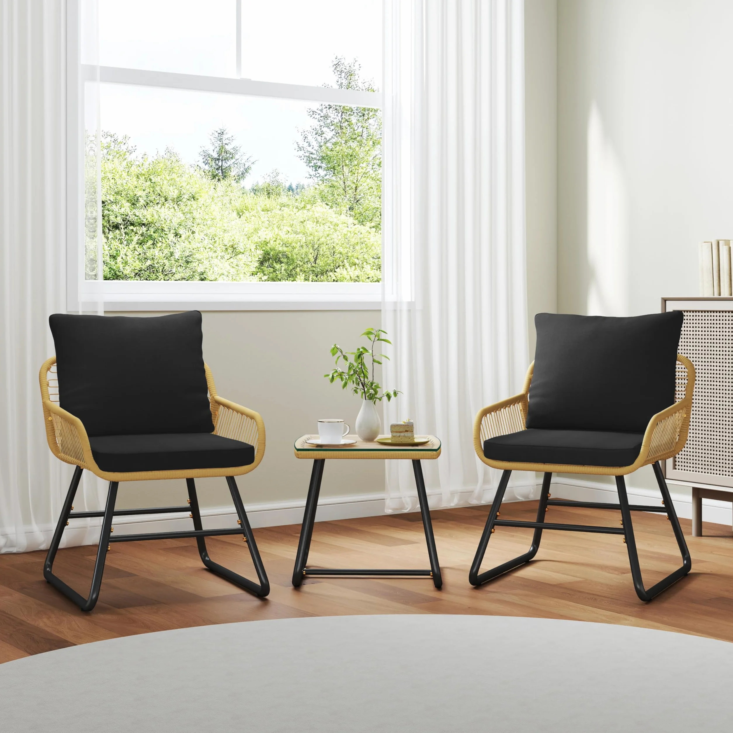 Abician Salon de Jardin Polyrotin 3 Pièces Ensemble 2 Personnes Fauteuils Table Basse Verre Trempé Beige Noir