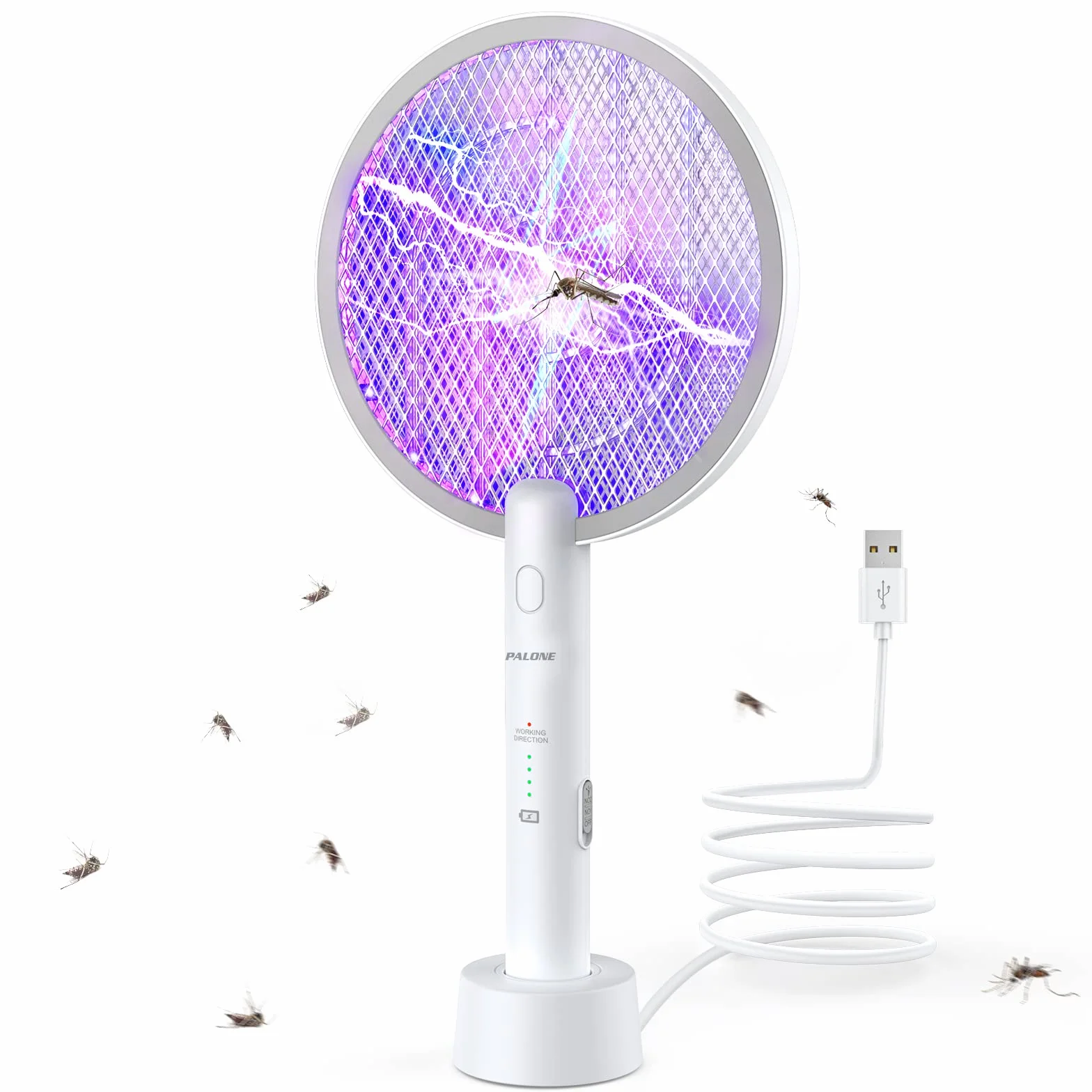 PALONE Raquette Electrique Insectes 4000V Rechargeable USB Anti Moustique Intérieur Extérieur Blanc