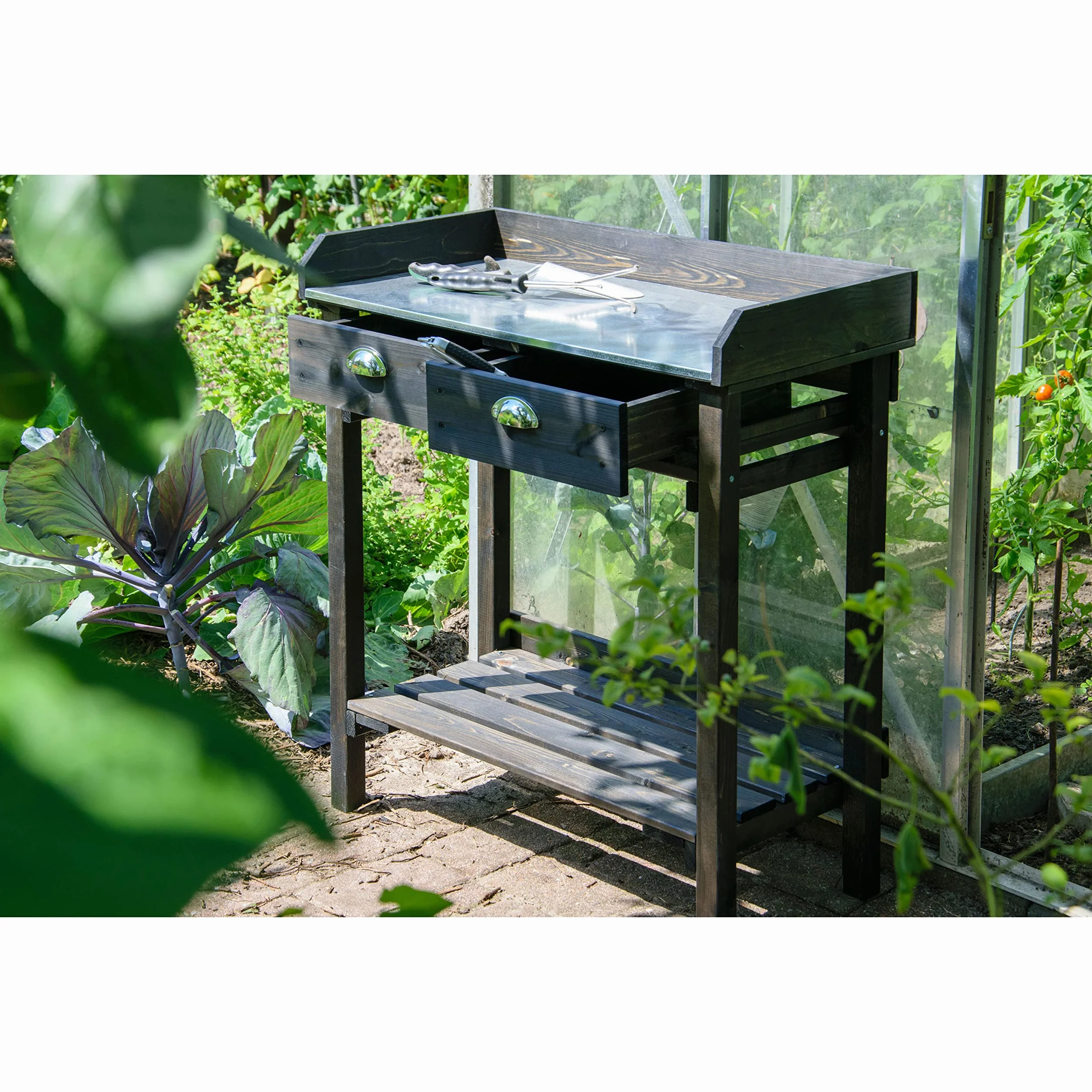 dobar Table de plantation design avec 2 tiroirs en bois d'épicéa massif 79 x 39 x 90 cm Noir