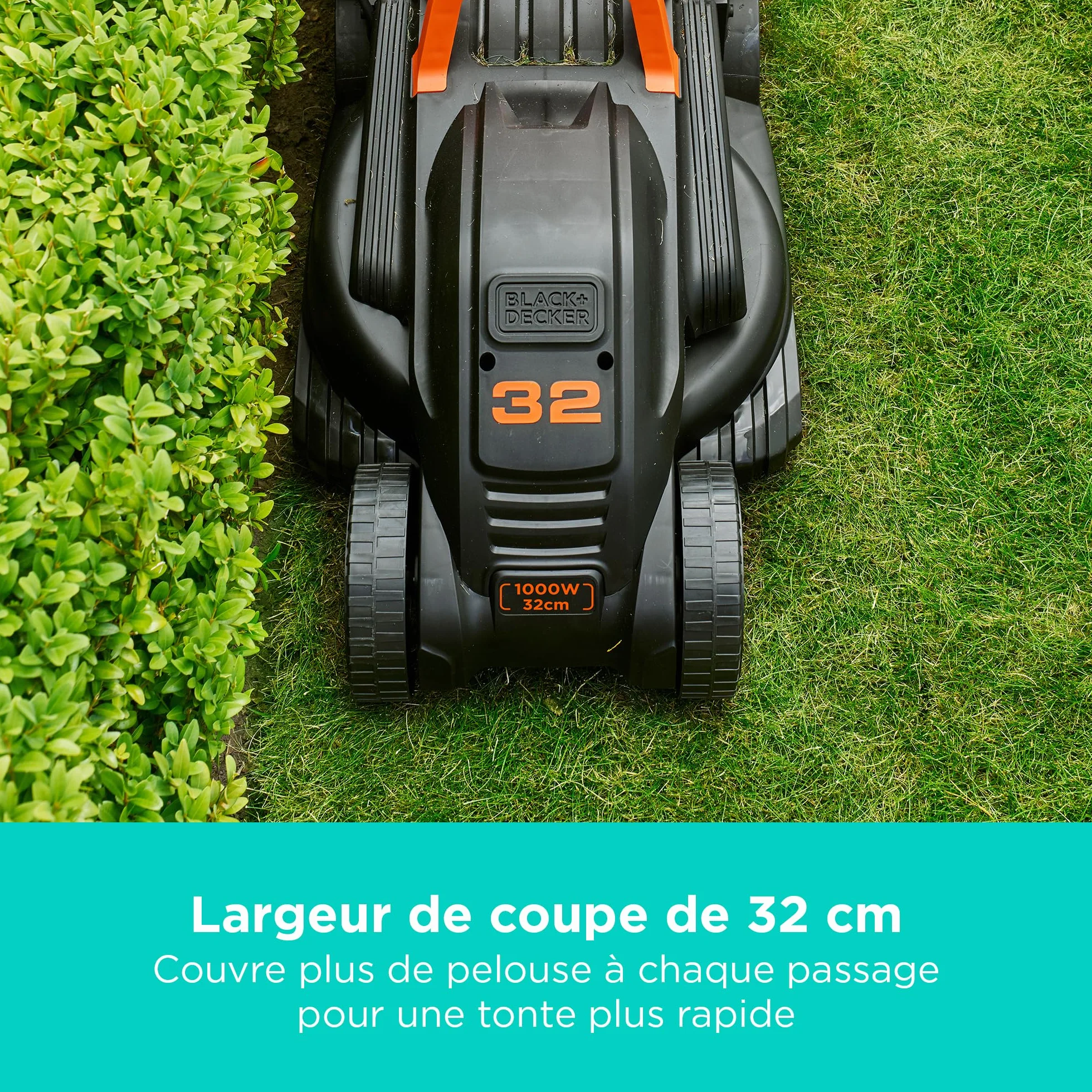 BLACK+DECKER Tondeuse à Gazon électrique 1000 W 32 cm 3 hauteurs réglables 30 L BEMW351-QS