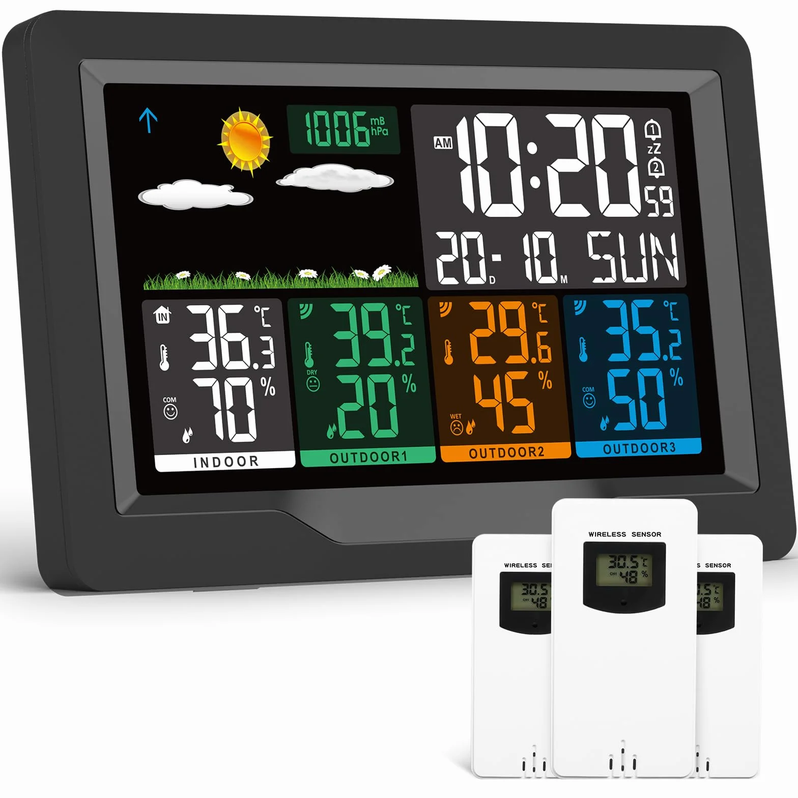 Station Météo Sans Fil avec 3 Capteurs Intérieur Extérieur, Écran LCD Rétroéclairage Réglable, Baromètre, Réveil, Prévisions