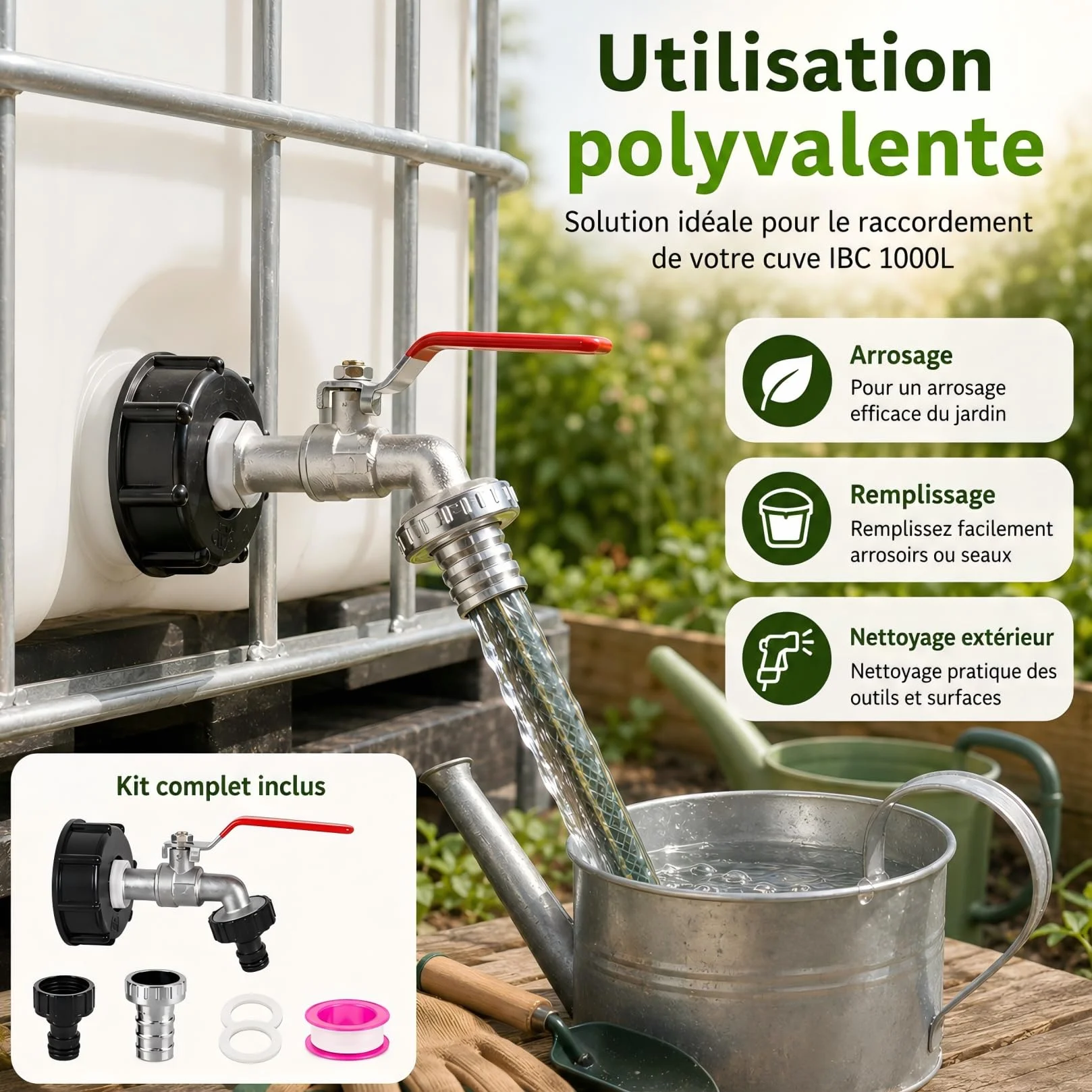 Robinet Cuve 1000L Adaptateur 3/4" Raccord Réservoir Alliage Aluminium Jardin Laiton S60X6 IBC Arrosage Extérieur