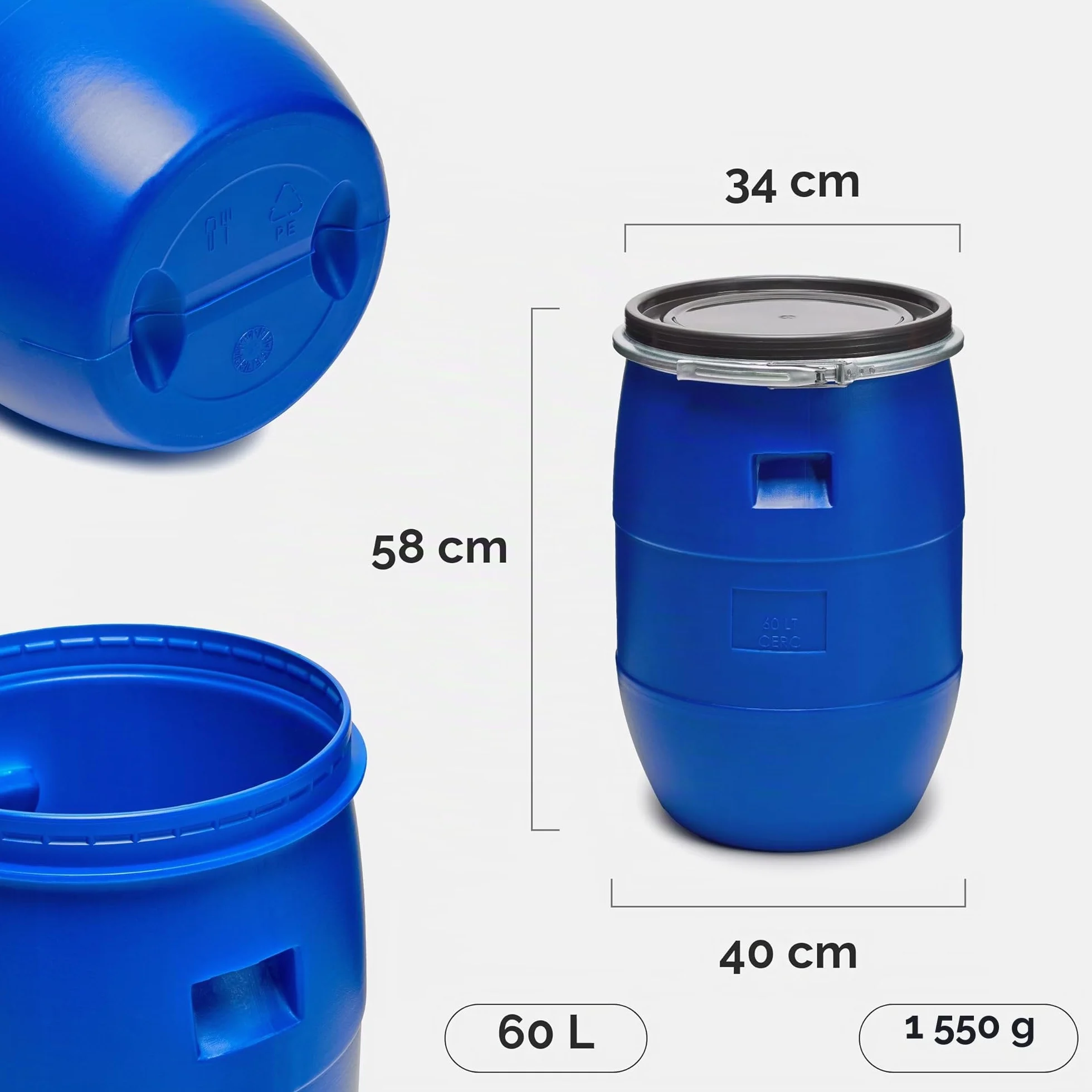 Lot de 2 fûts 60L HDPE Alimentaire sans BPA Barils Large Ouverture Bleu