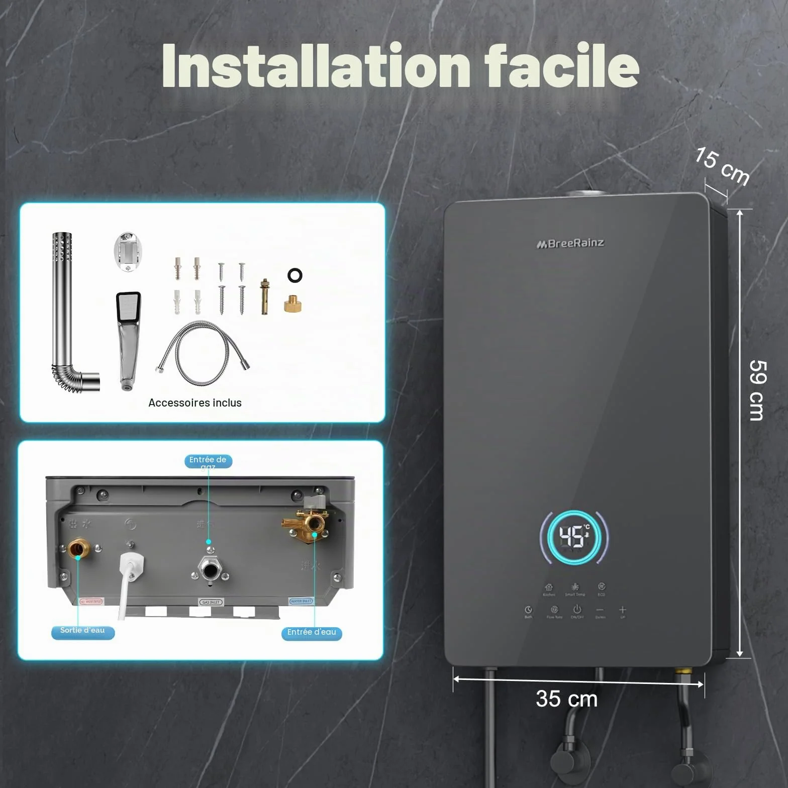 Chauffe-Eau à Gaz Instantané 32kW 16 LPM, 5 Modes, Écran Tactile LED, 220V, Butane Propane