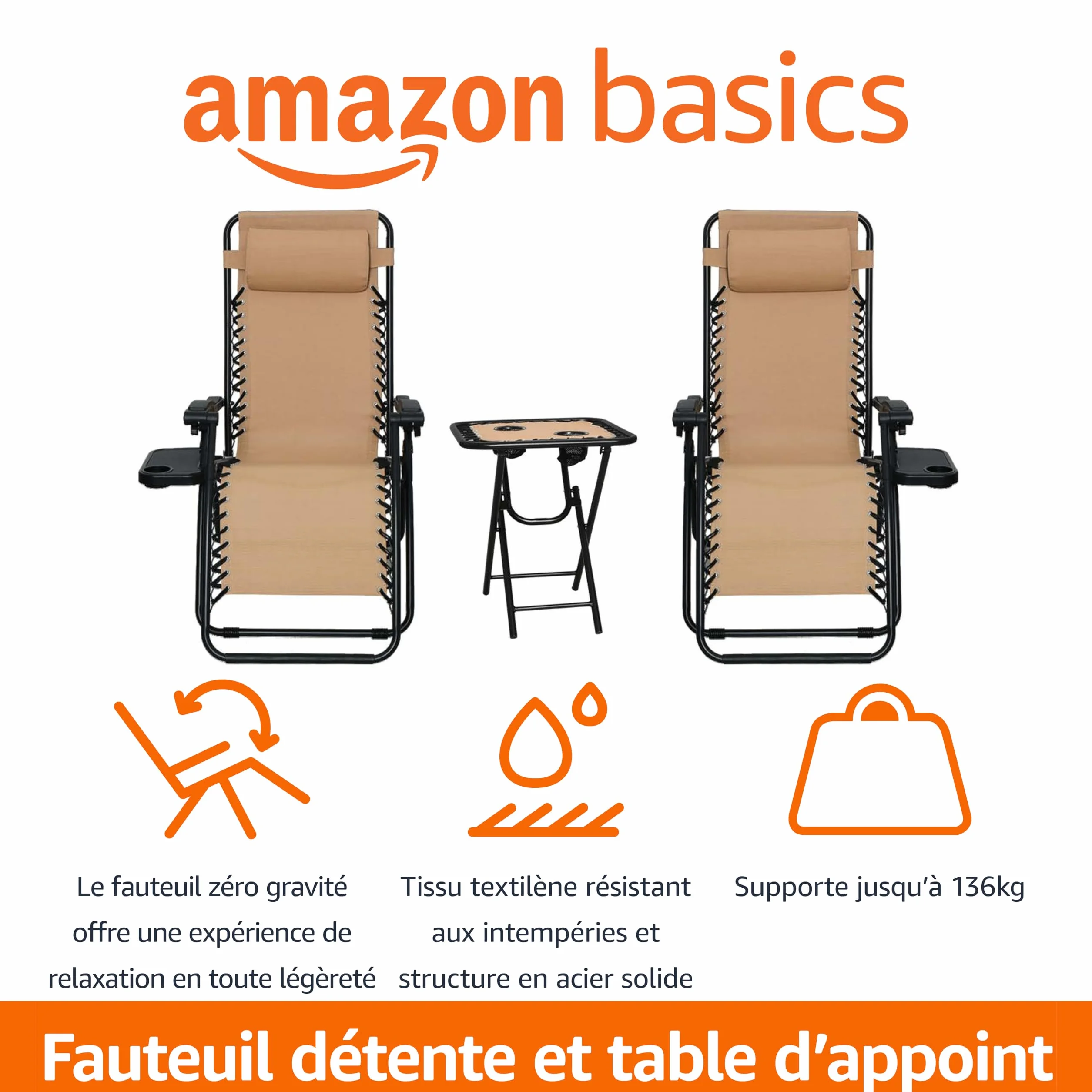 Amazon Basics Lot de 2 fauteuils relax pliants Beige