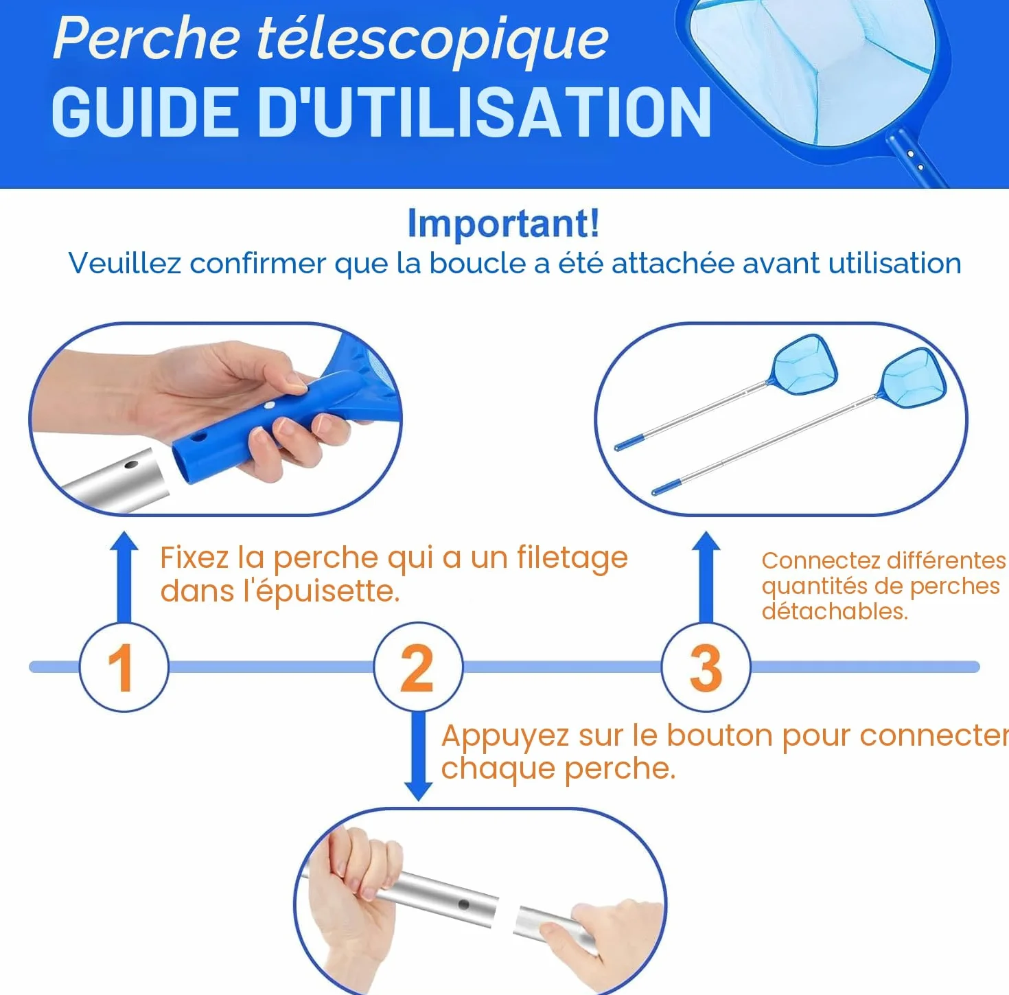 Épuisette de Piscine avec Perche Télescopique 98cm Aluminium, Kit Nettoyage Professionnel