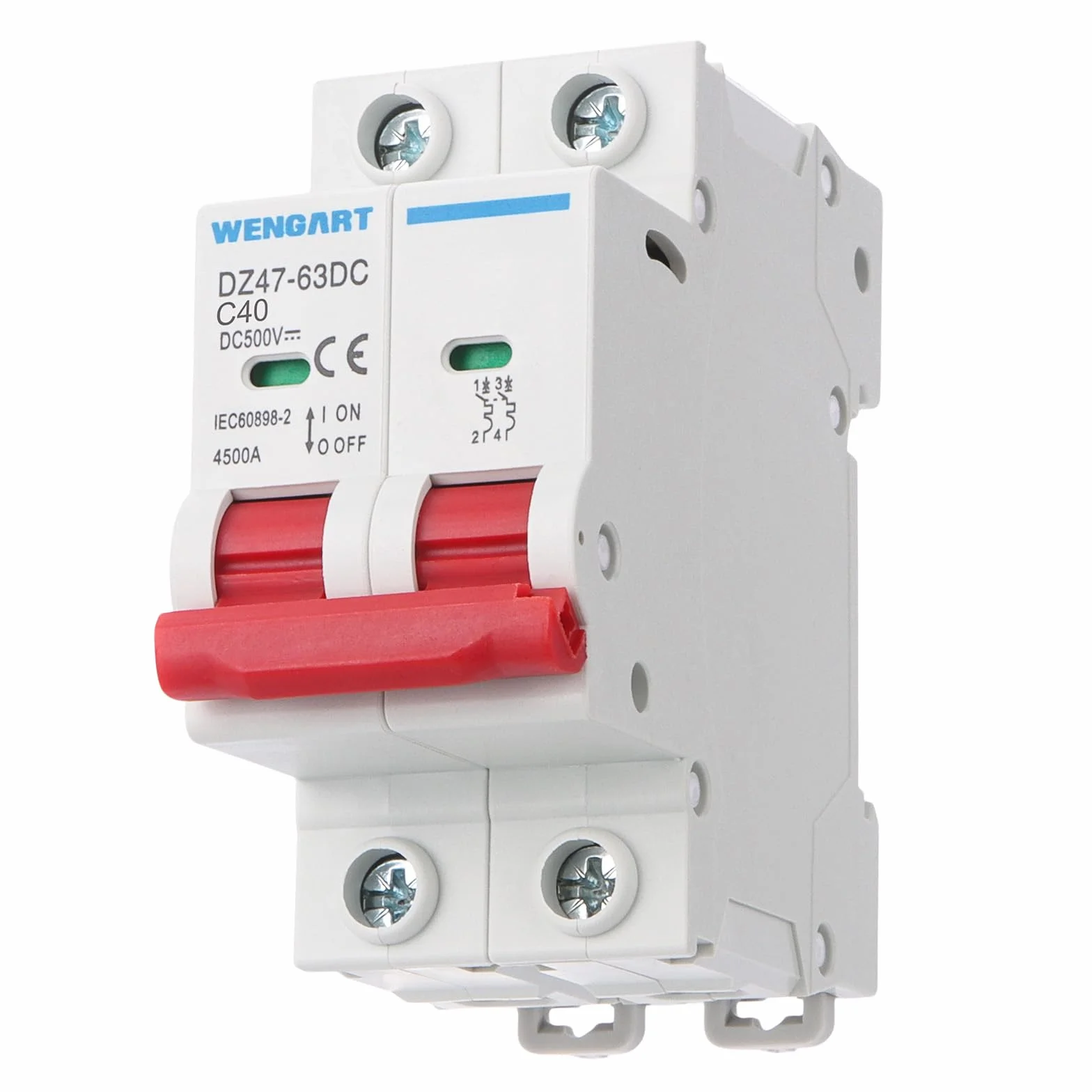 Wengart Disjoncteur CC 500V 40A - Protection Magnétothermique 2 Pôles - Spécial Solaire Photovoltaïque, Camping-Car et Batteries - Montage Rail DIN - Polarisé (+/-) - DZ47-63Z