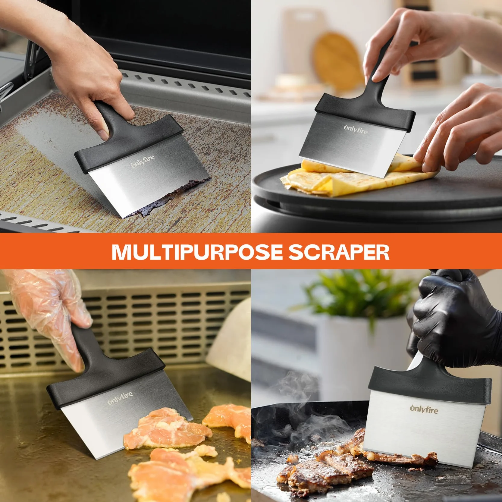 Kit de nettoyage pour poêle et plaque en fonte onlyfire - grattoir plancha INOX professionnel, éponge maille INOX, éponges nettoyantes et poignée
