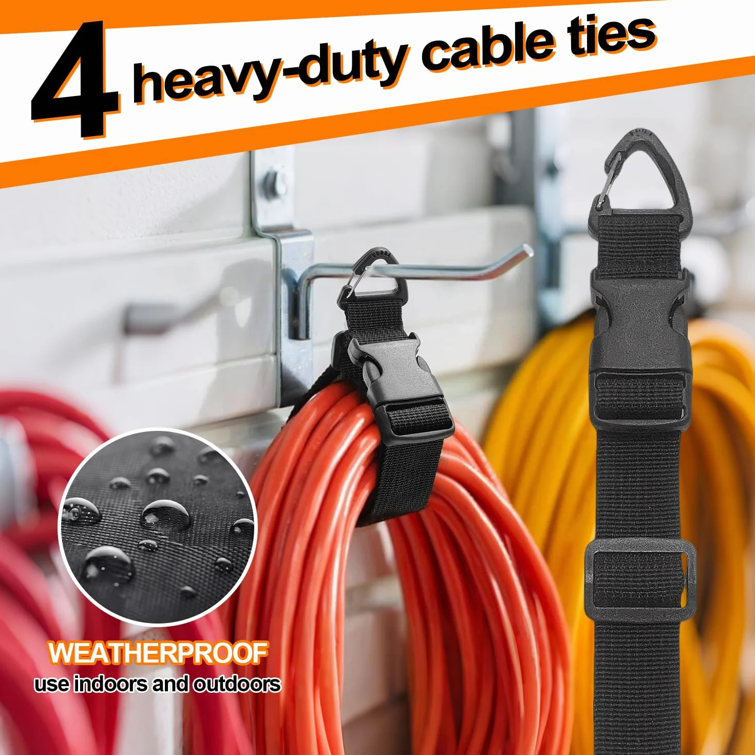 4 Attache Cable Largeur 3.8 cm Serre Cable Réglable (45/65 cm) Sangles Polyvalents avec Mousqueton et Boucle pour Rangement Garage les Tuyaux D'arrosage Rallonges Électriques et Câbles etc Noir