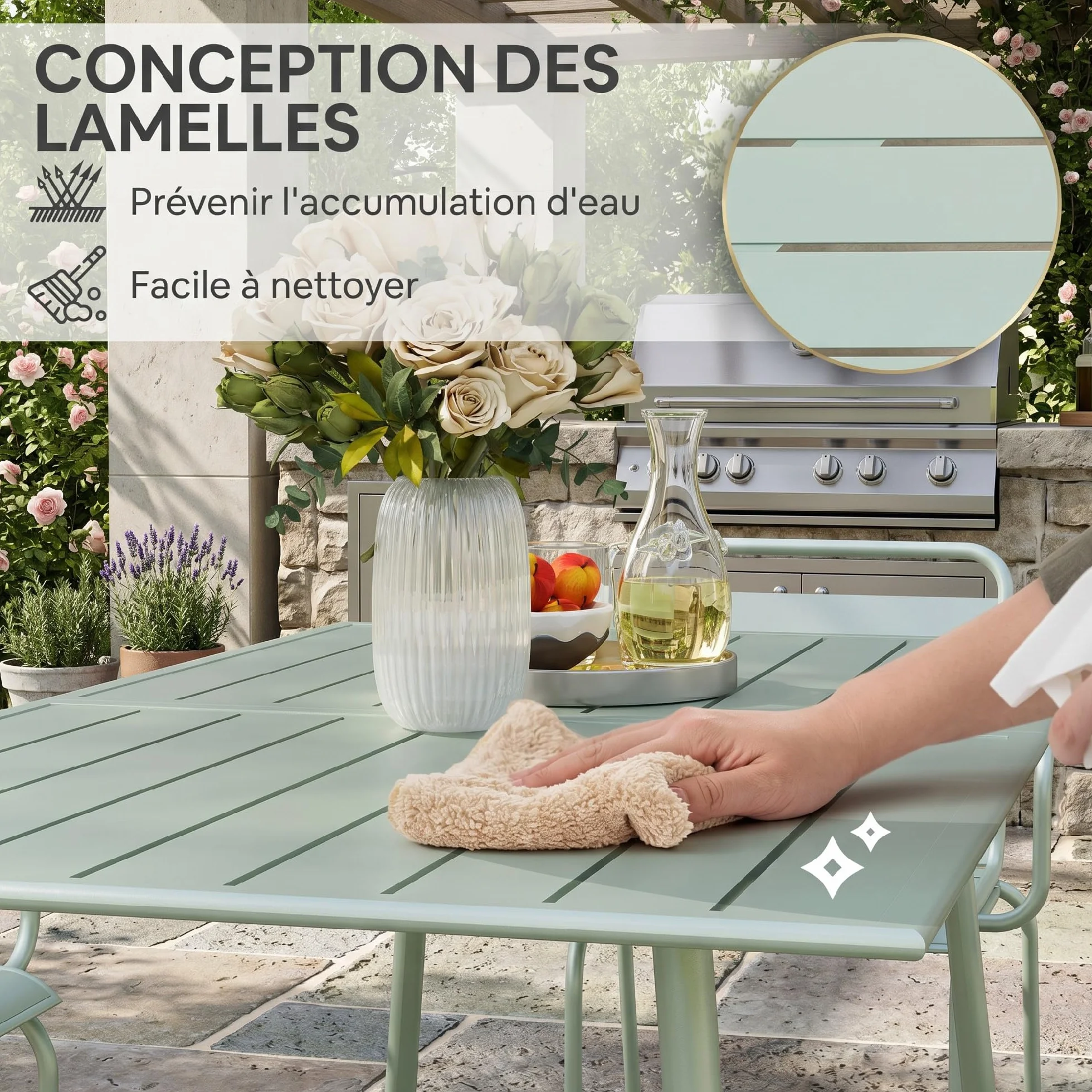 Outsunny Salon de Jardin 7 pièces Table et Chaises empilables Acier Vert Clair