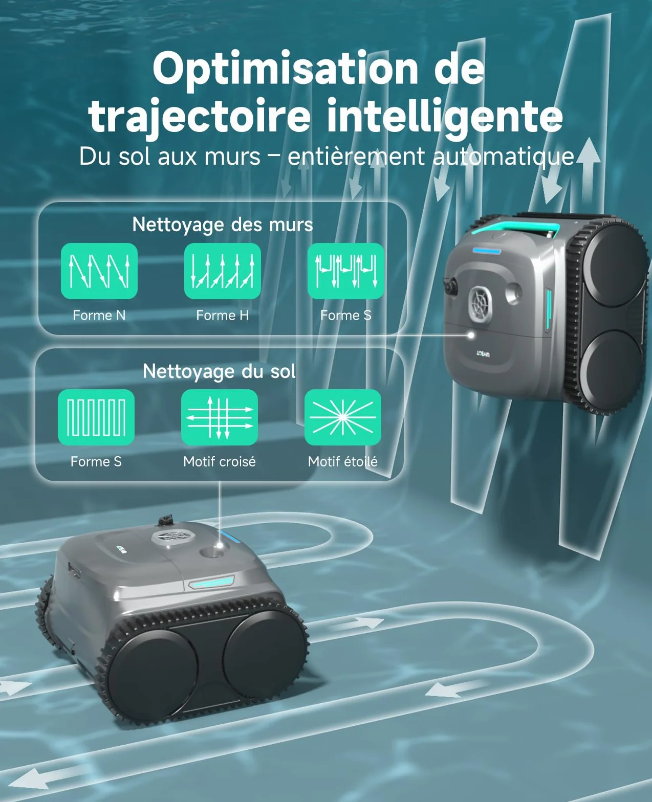 WYBOT C2 Robot Piscine sans Fil 3 Moteurs Double Filtration Autonomie 180 Min pour Piscines Enterrées Max 150㎡