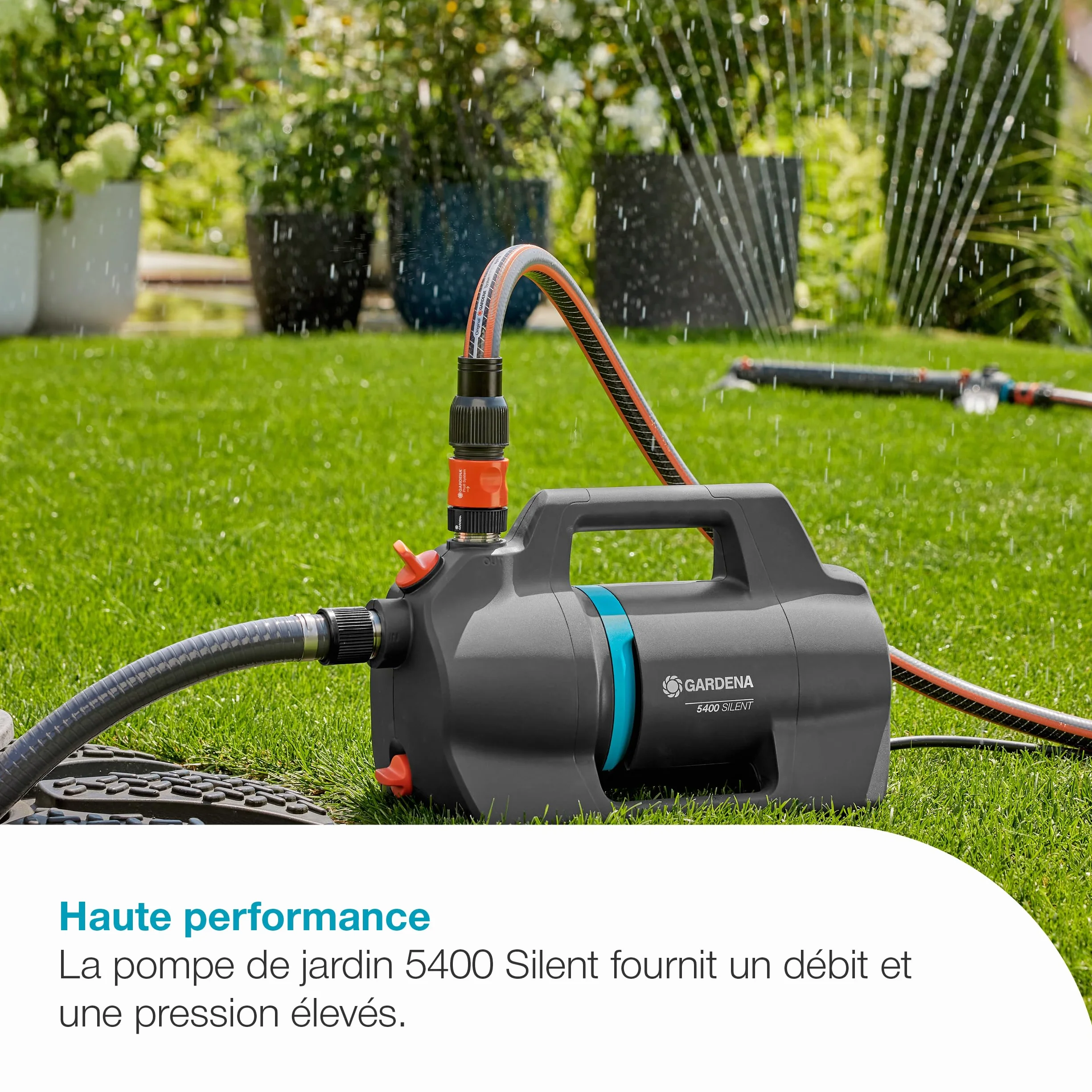 Gardena Pompe de jardin 5400 Silent Pompes: 26% de débit en plus pour la même consommation d'énergie que son prédécesseur*, Fonctionnement silencieux, Boîtier résistant à la pluie et aux UV (9086-20)
