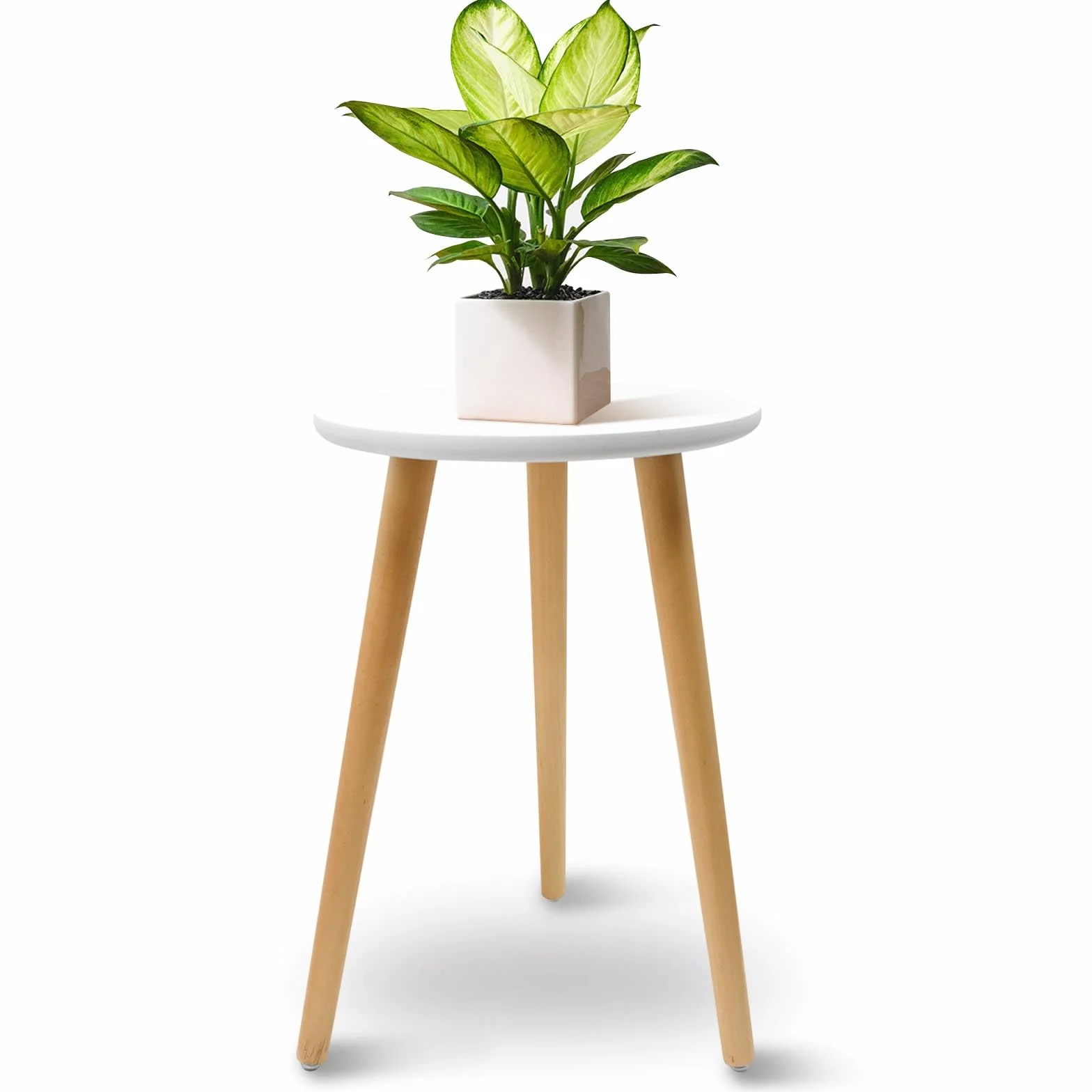 Support de Plantes en Bois Blanc Tabouret Rond pour Pots de Fleurs 42x28cm