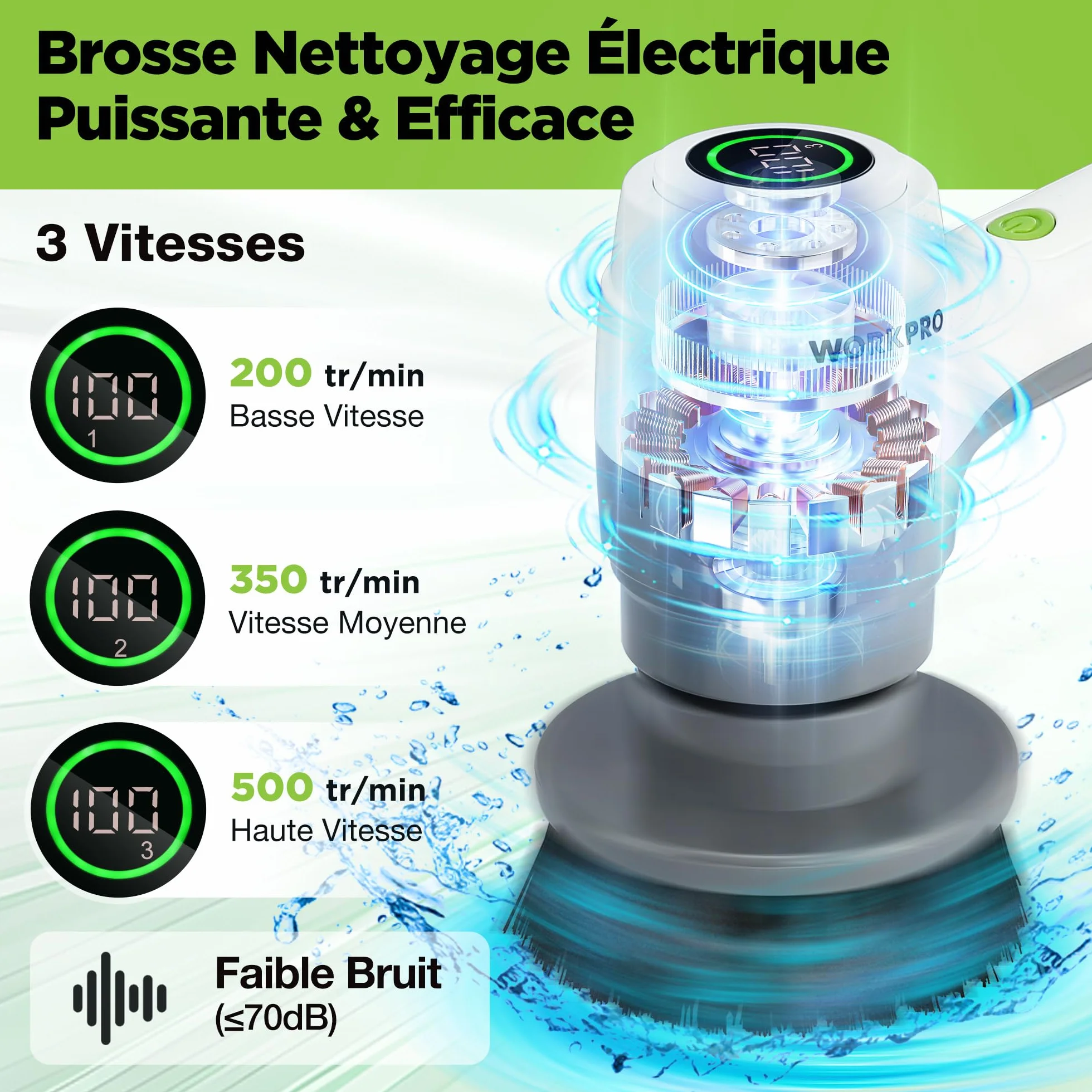WORKPRO Brosse de Nettoyage Rotative avec 6 Brosses, Brosse sans Fil 8V, 3 Vitesses Réglables (200/350 / 500 TR/Min), IPX6, Électrique Rechargeable pour Salle de Bain, Cuisine et Fenêtres