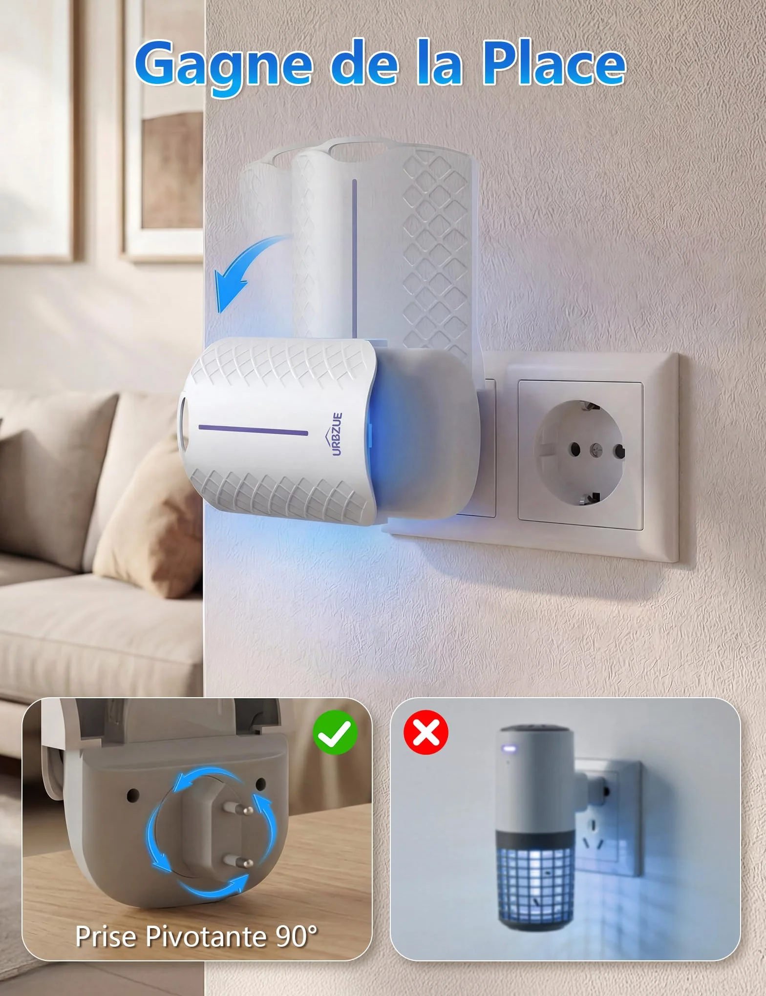 Piège Moucherons Intérieur UV avec Prise Rotative 180°, Anti Moustiques, 1 Appareil + 6 Recharges