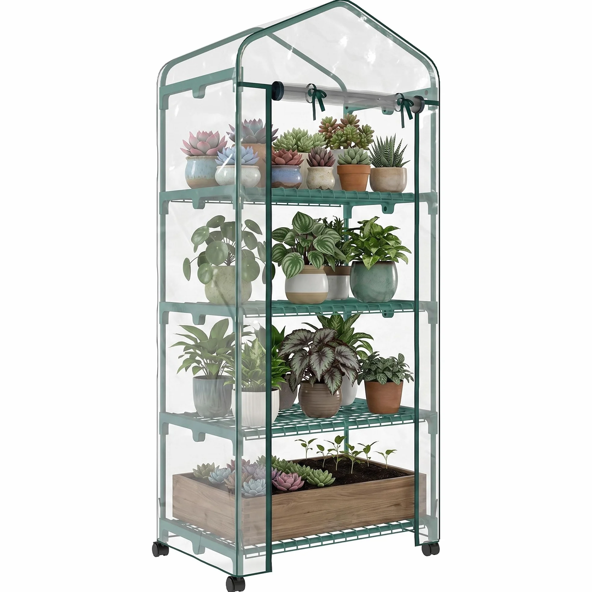 Outsunny Serre de Jardin 4 Niveaux avec étagères, Balcon, bâche renforcée, Acier, Porte zippée, 69x50x165 cm