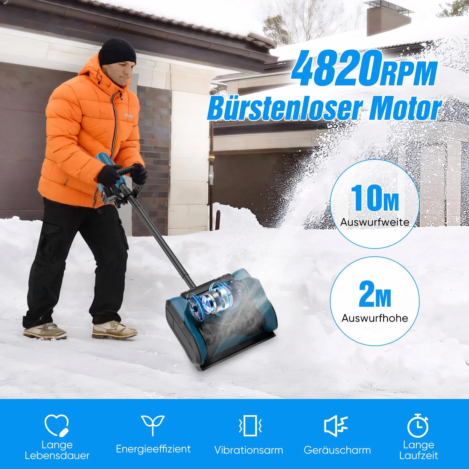 Fraise à neige sans fil 40 cm, 2 batteries 3000 mAh, tête rotative 45°, portée 10 m