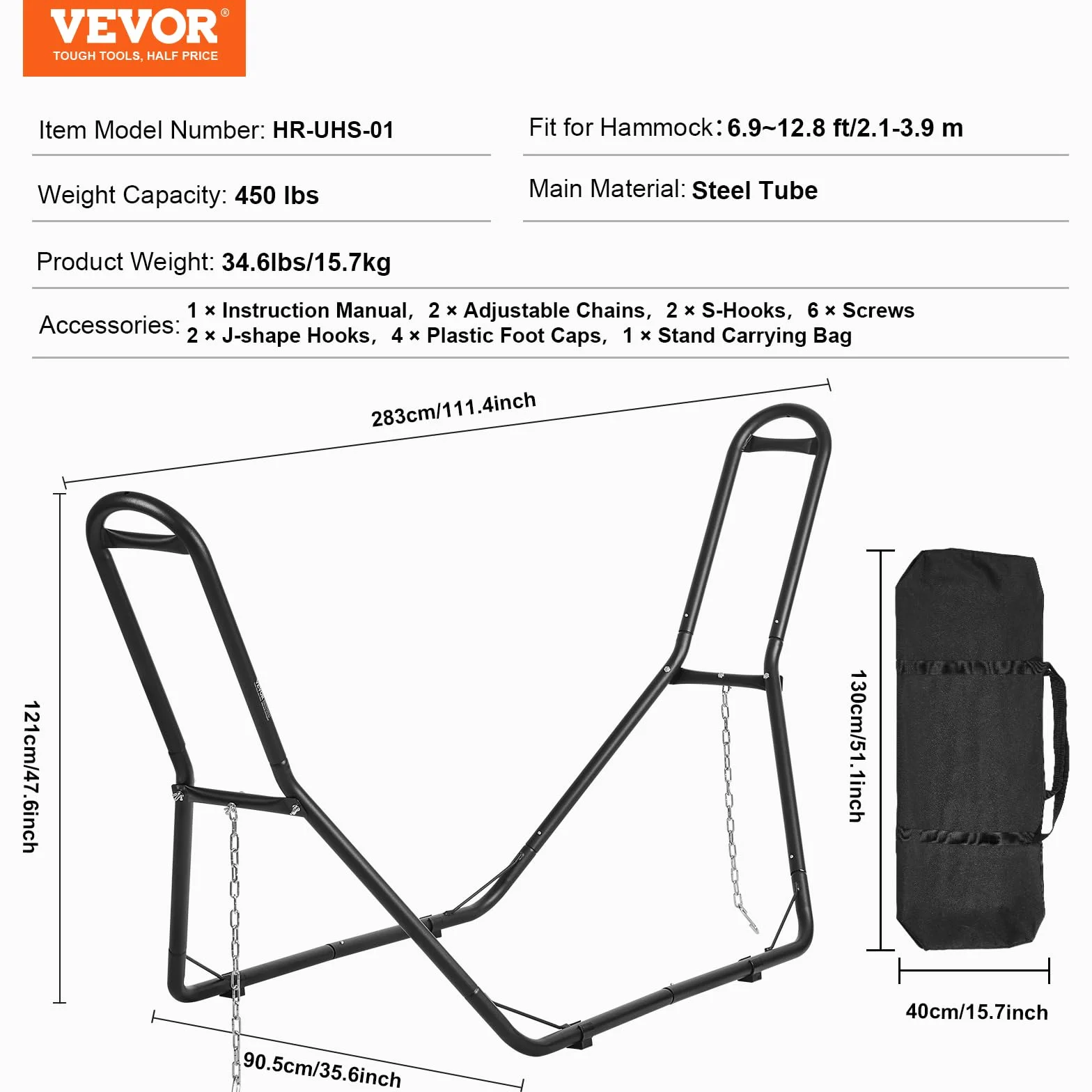 VEVOR Support de Hamac Portable, Charge 204 kg, Cadre Universel en Acier pour Hamacs 2,1-3,9 m