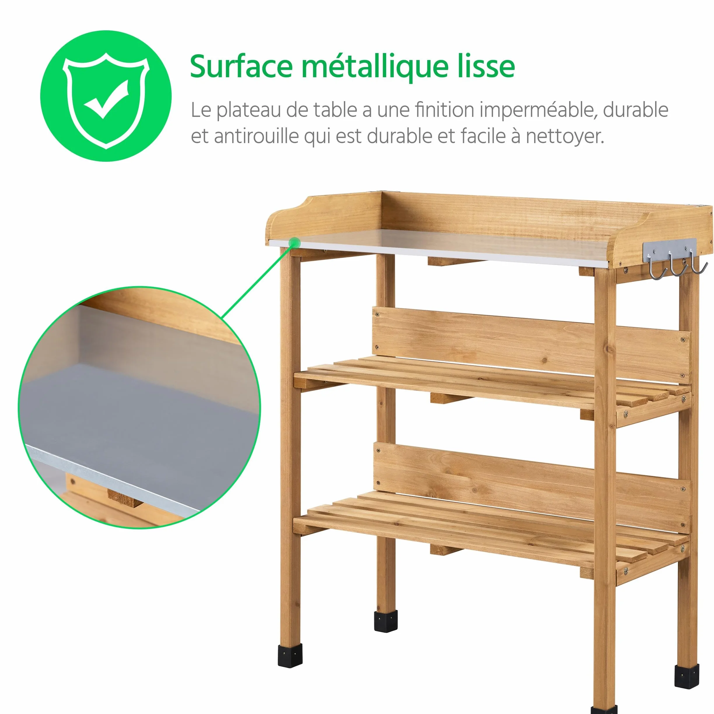 Yaheetech Table de Rempotage Extérieure en Bois Sapin avec Étagère de Rangement 3 Crochets
