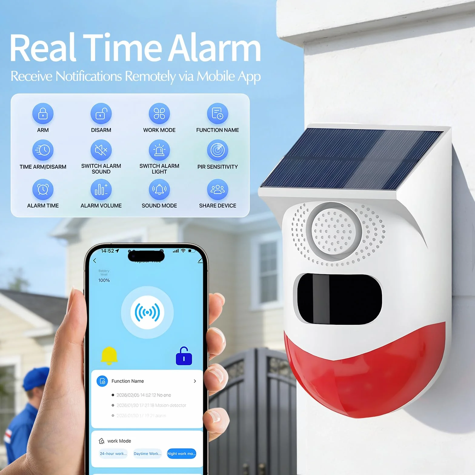 WiFi Detecteur de Mouvement, Sirene Alarme Extérieur/Intérieur Alimentation Solaire Prise en Charge, Volume 0~120dB, Contrôle à Distance, Réglage Horaire, avec Télécommande