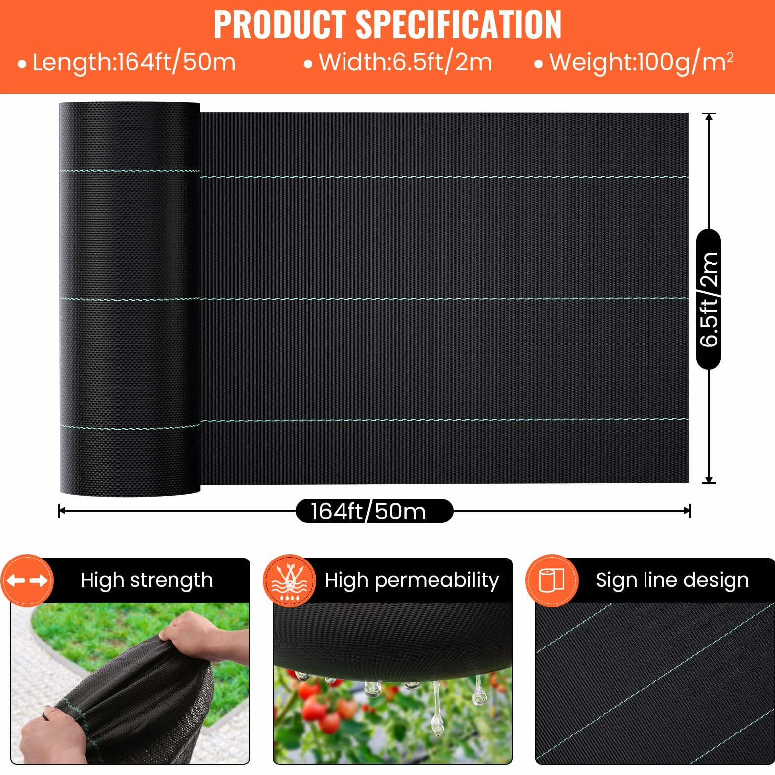 Toile de Paillage 2x50M 100g/m² Polypropylène Tissée Perméable Anti Mauvaises Herbes UV