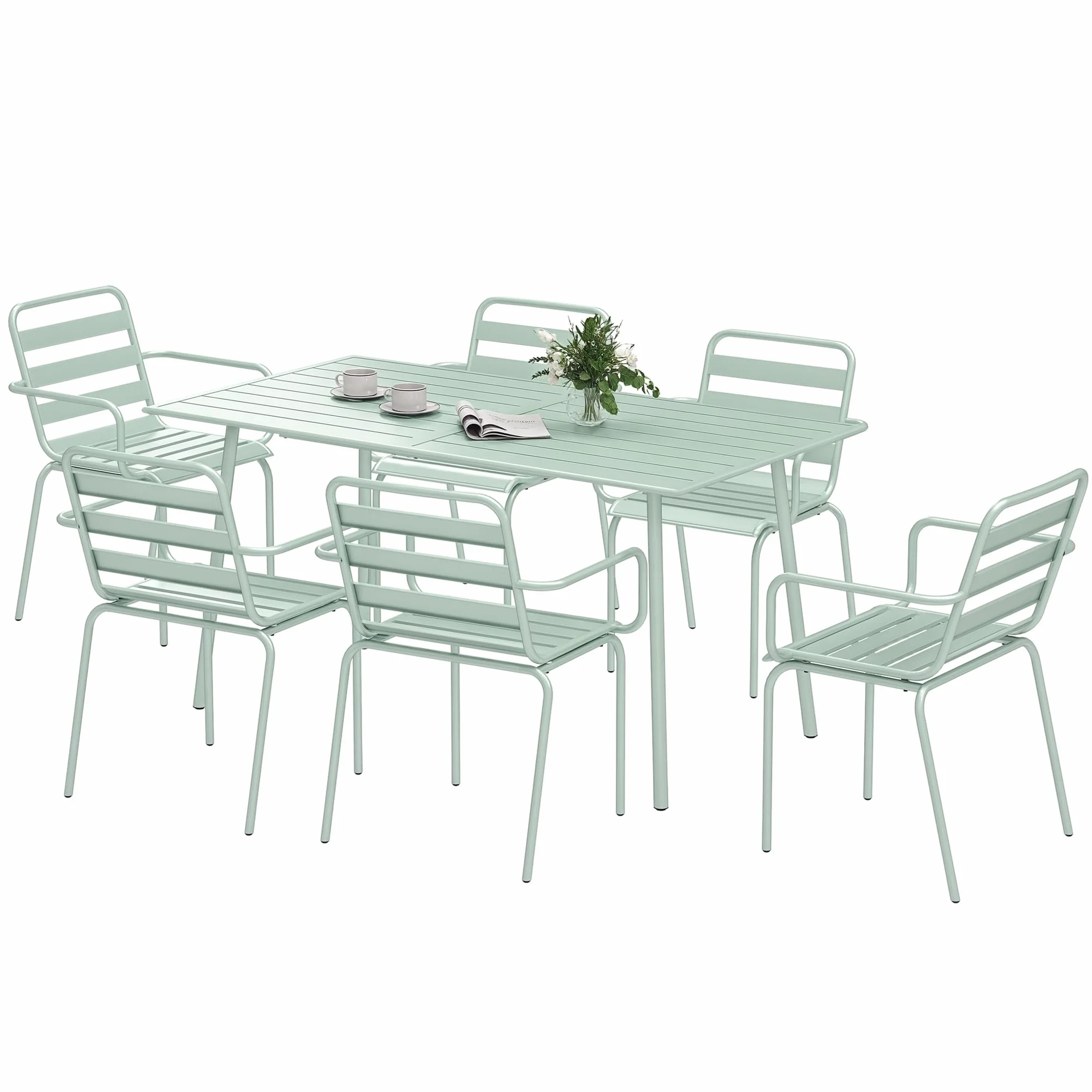 Outsunny Salon de Jardin 7 pièces Table et Chaises empilables Acier Vert Clair