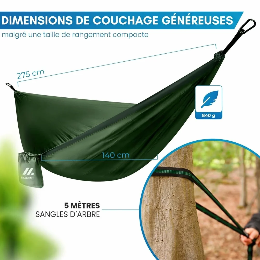 NORDMUT Hamac Ultra Léger Outdoor avec Kit de Fixation – Hamac de Camping avec Protection des Arbres 300 kg Vert 140 x 275 cm