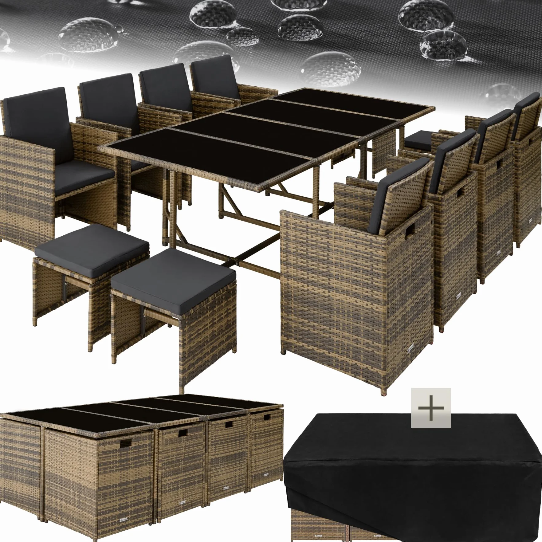 Tectake Salon en Résine Tressée Ensemble Repas Extérieur 8 Chaises 4 Tabourets 1 Table Marron Naturel Gris Foncé