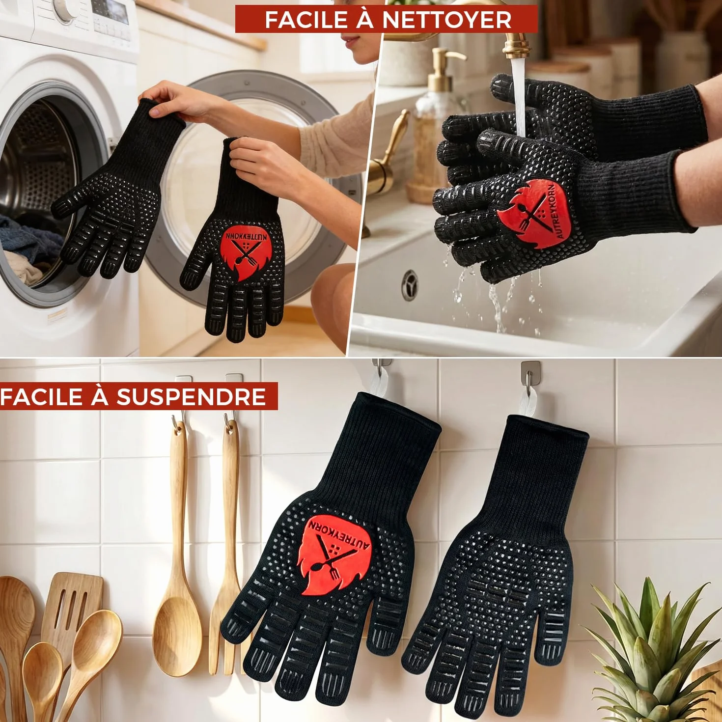Gants de Cuisine Résistants jusqu'à 800°C en Aramid Ignifugé EN407 Antidérapants Noir L/XL/XXL