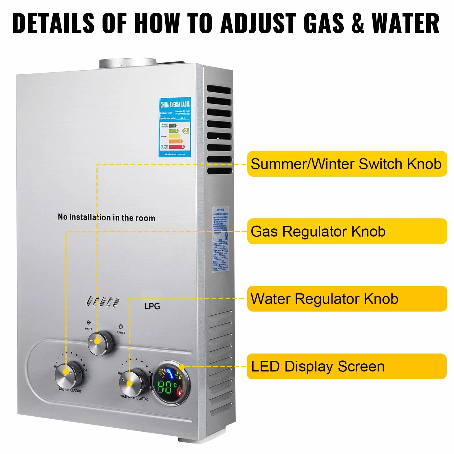 Chauffe-eau à Gaz 12LPM 24KW Inoxydable Pression d'eau Ultra basse Camping-car