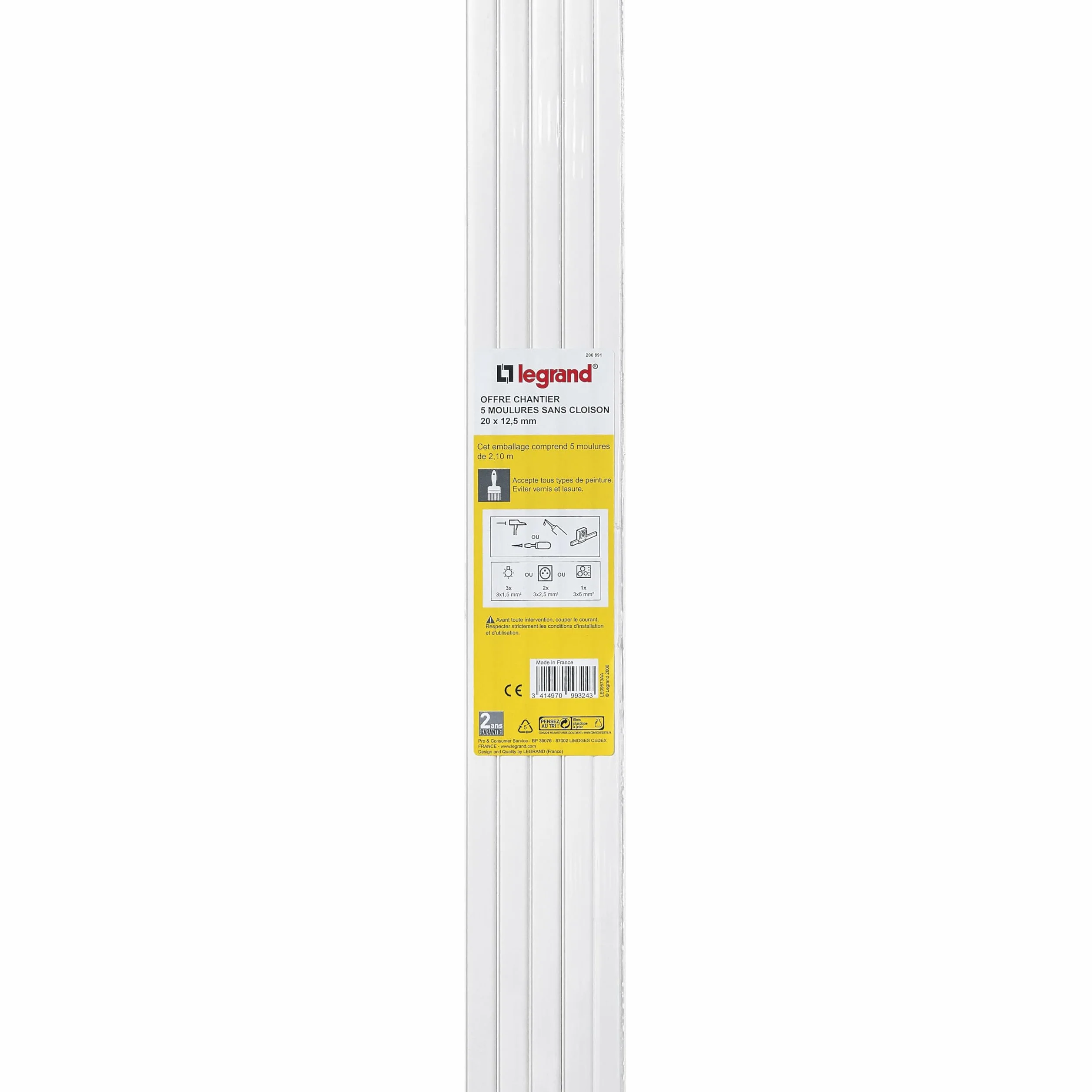 LEGRAND Lot 5 moulures PVC blanc 20x12.5mm avec agrafe pour tenue de câble
