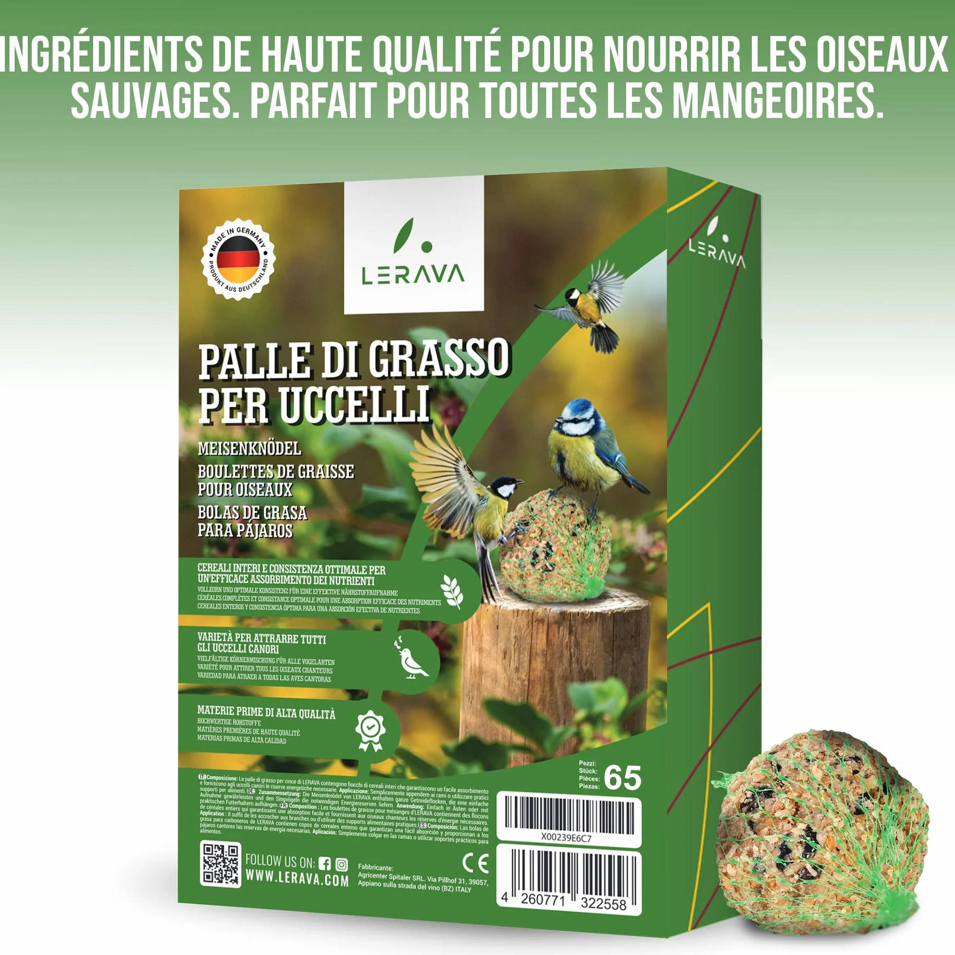 LERAVA Boules de Graisse pour Oiseaux du Jardin 65 pièces Nourriture énergétique Flocons de céréales