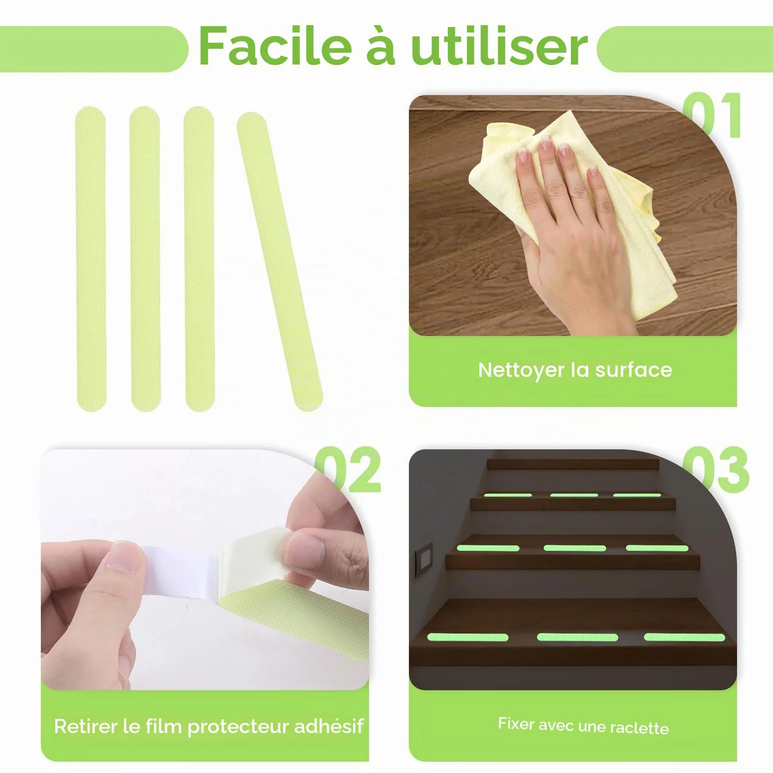 Lot de 24 bandes adhésives antidérapantes phosphorescentes pour marches d'escalier, lits superposés, baignoires, cuisines, piscines - 2 x 20 cm