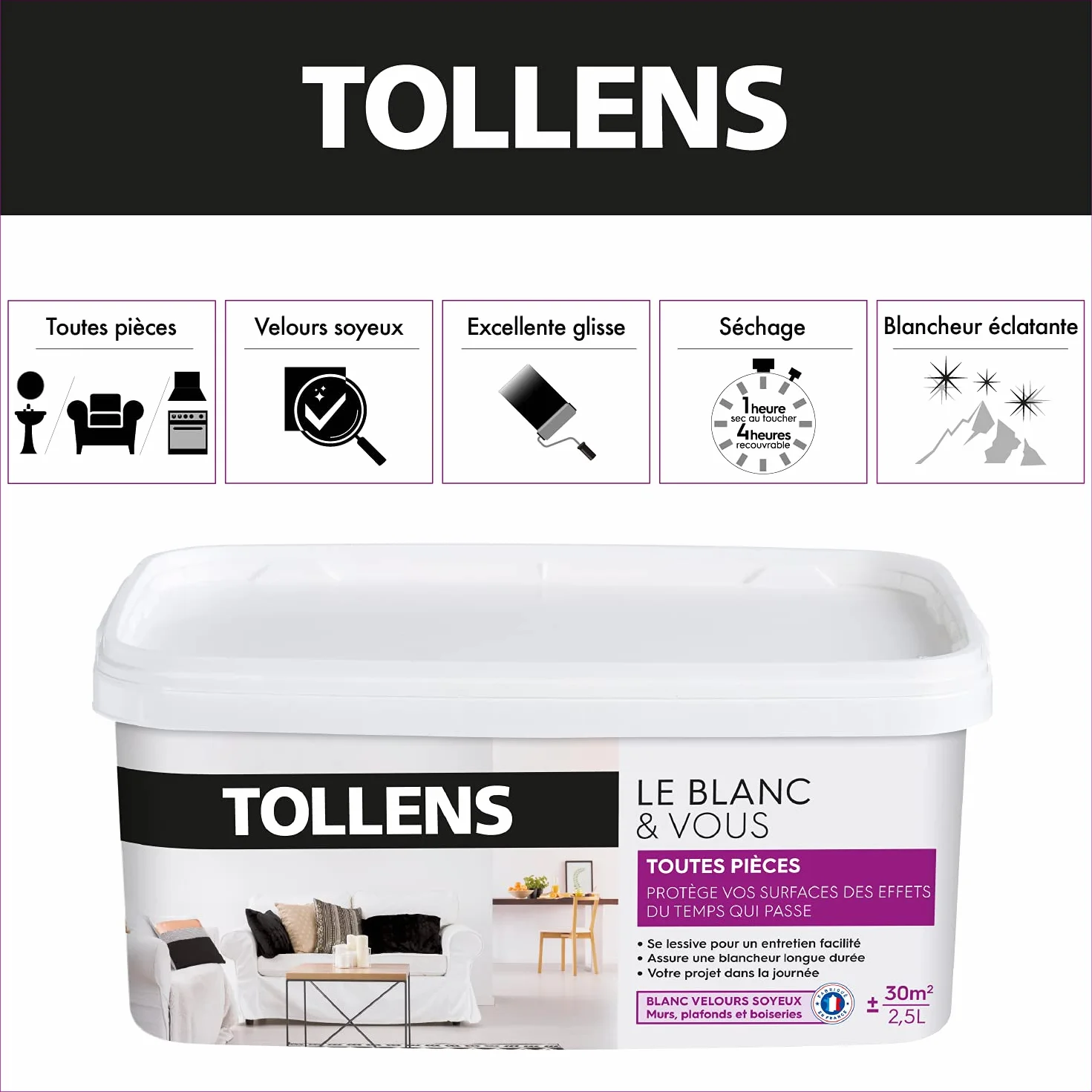 Tollens - Peinture Blanche Velours - Toutes Pièces - Pour Murs, Plafonds et Boiseries - Opacité Renforcée - Séchage Rapide - Lessivable - Fabriqué en France - Blanc - 2,5L = 30m2